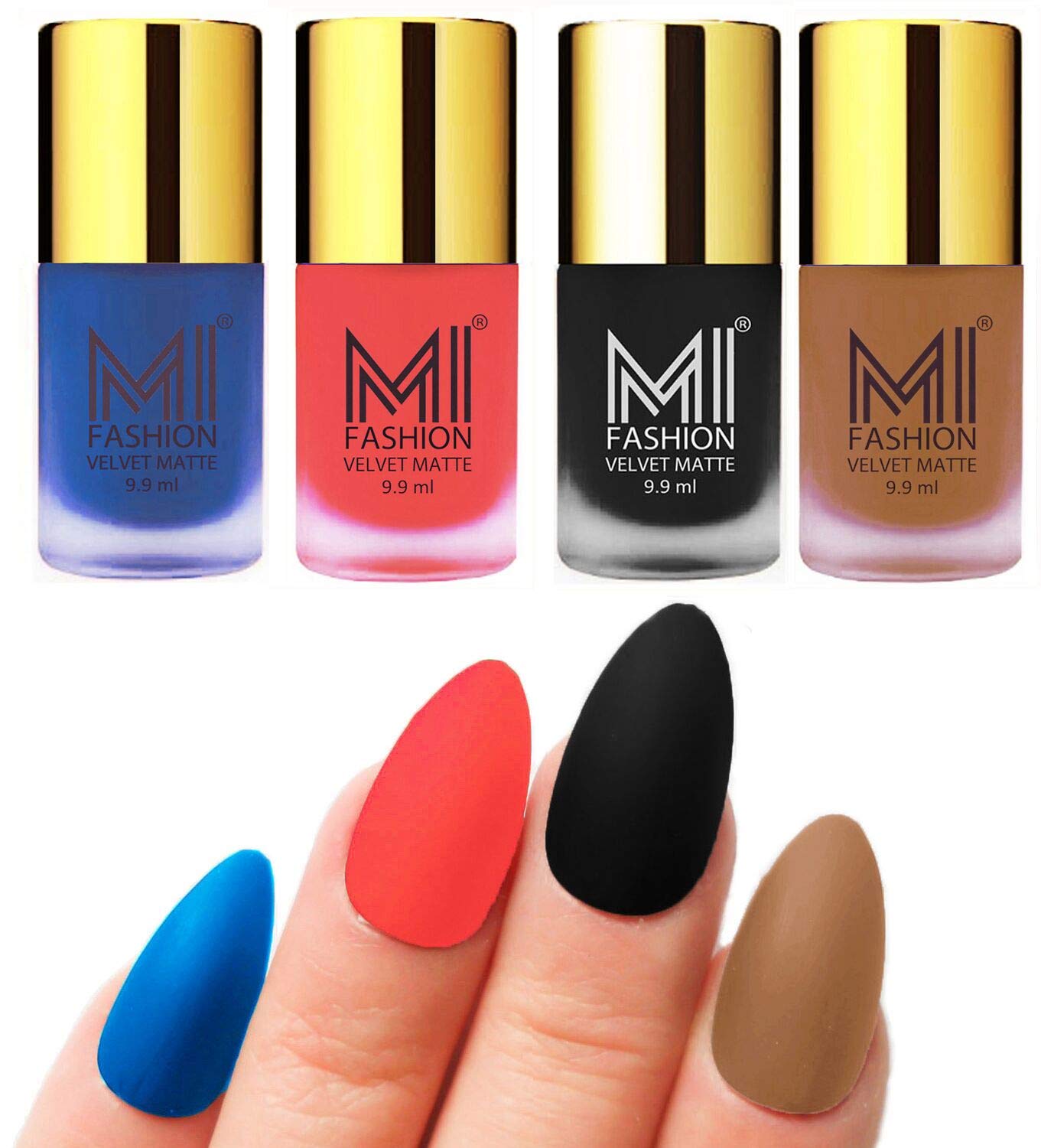 MI FASHION Velvet High Finish Matte Nail Polish Set - 4 Colors (Navy Blue, Neon Orange, Black, Dark Nude) 9.9ml Each - Long Lasting & Chip Resistant - Perfect for Parties, Weddings & Everyday Wear