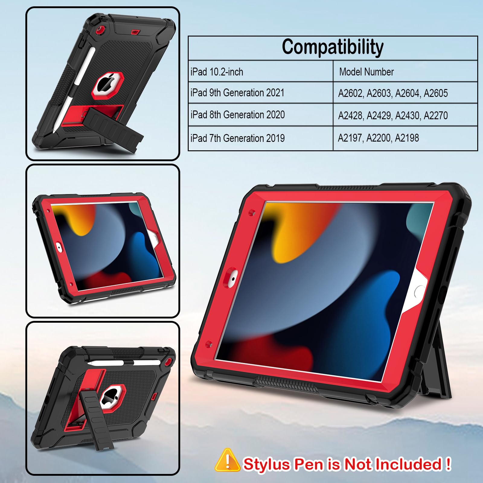 LTROP Shockproof Rugged Protective Case for iPad 9th/8th/7th Gen 10.2 Inch (2021/2020/2019) - Built-in Pencil Holder & Adjustable Kickstand | Perfect for Work, School & Travel | Black & Red Design