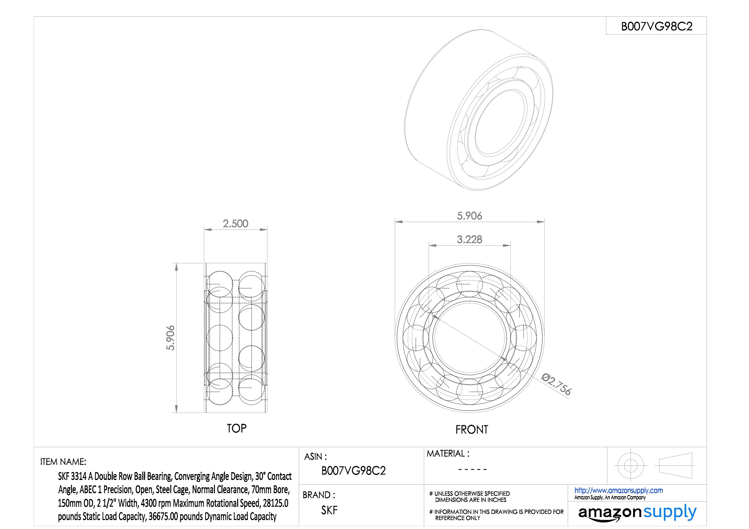 SKF 3308A Double Row Angular Contact Ball Bearing - 40mm Bore, 90mm OD, 1-7/16