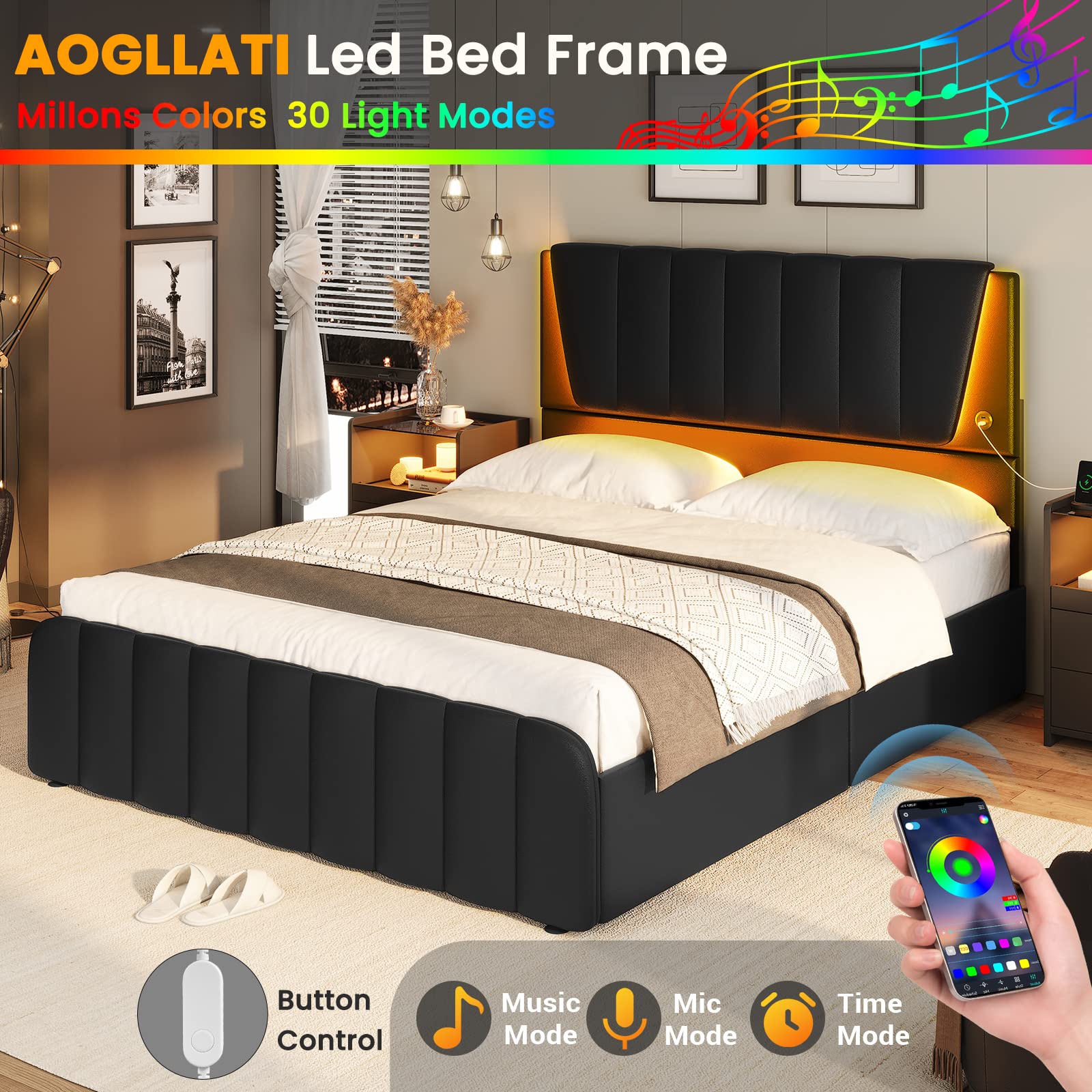 AOGLLATI Queen Size Bed Frame with Headboard, 4 Storage Drawers & LED Lights - Wooden Slat Support Platform Bed with 2 USB Ports, No Box Spring Needed - Perfect for Modern Bedrooms, Small Spaces & Guest Rooms