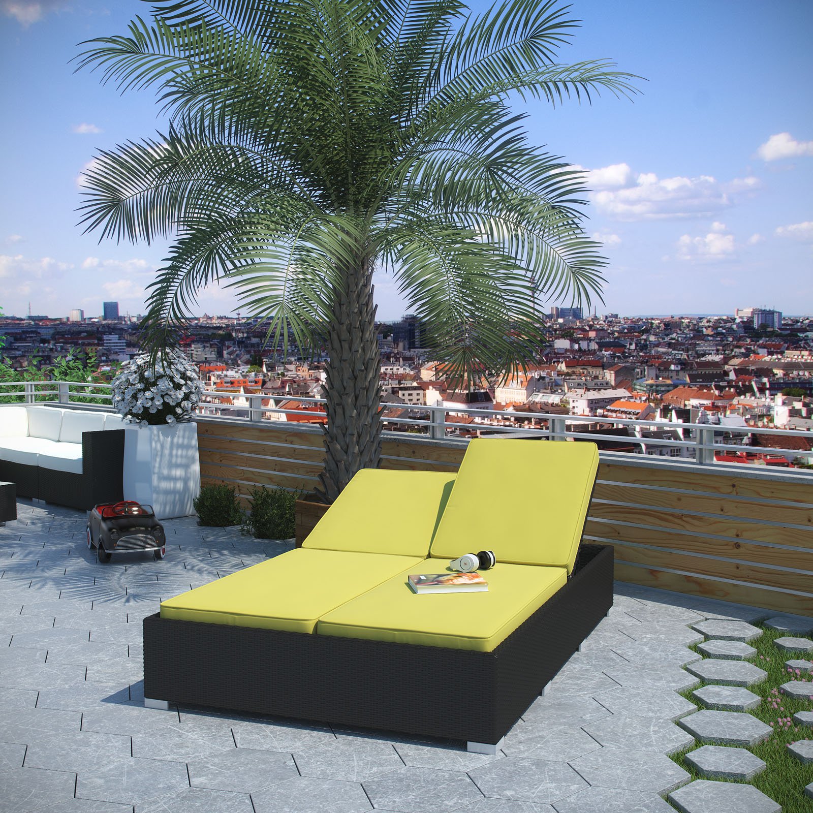 Modway Evince 2-Seater Outdoor Wicker Chaise Lounge Recliner - Espresso Brown Rattan Patio Furniture with Peridot Green Cushions - Perfect for Poolside, Garden & Backyard Relaxation