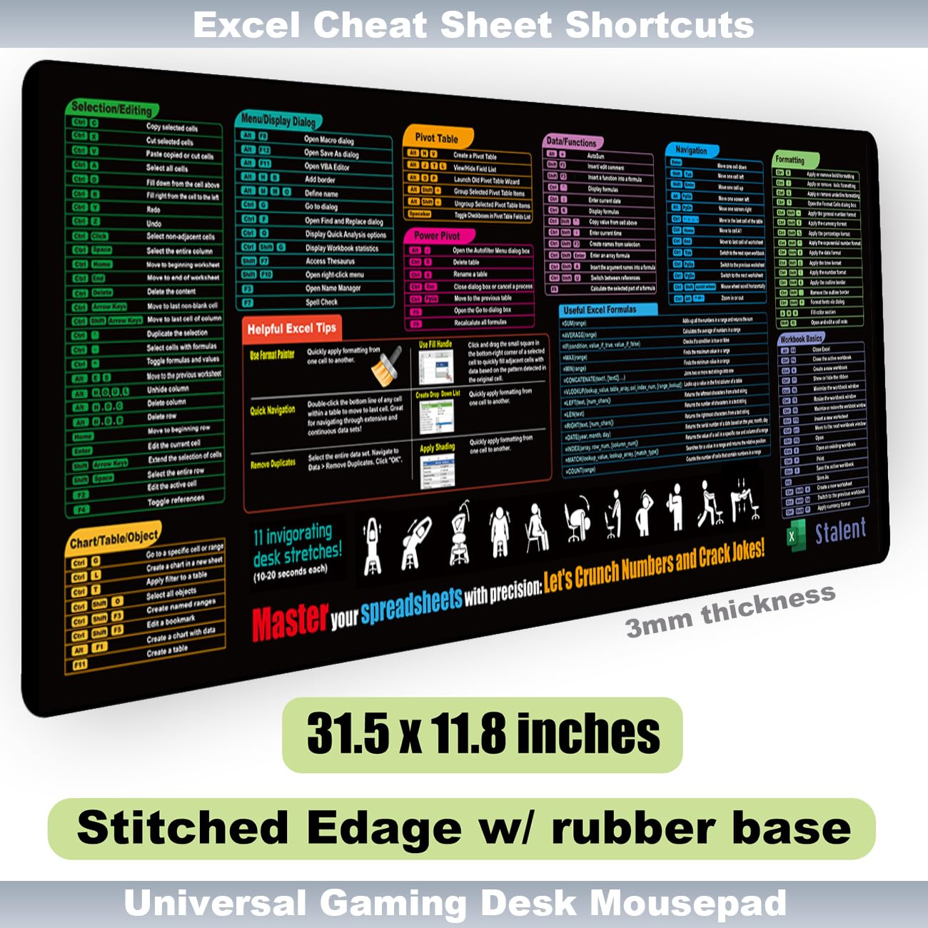 Excel Cheat Sheet Desk Pad - Updated Keyboard Shortcuts Mouse Pad (31.5