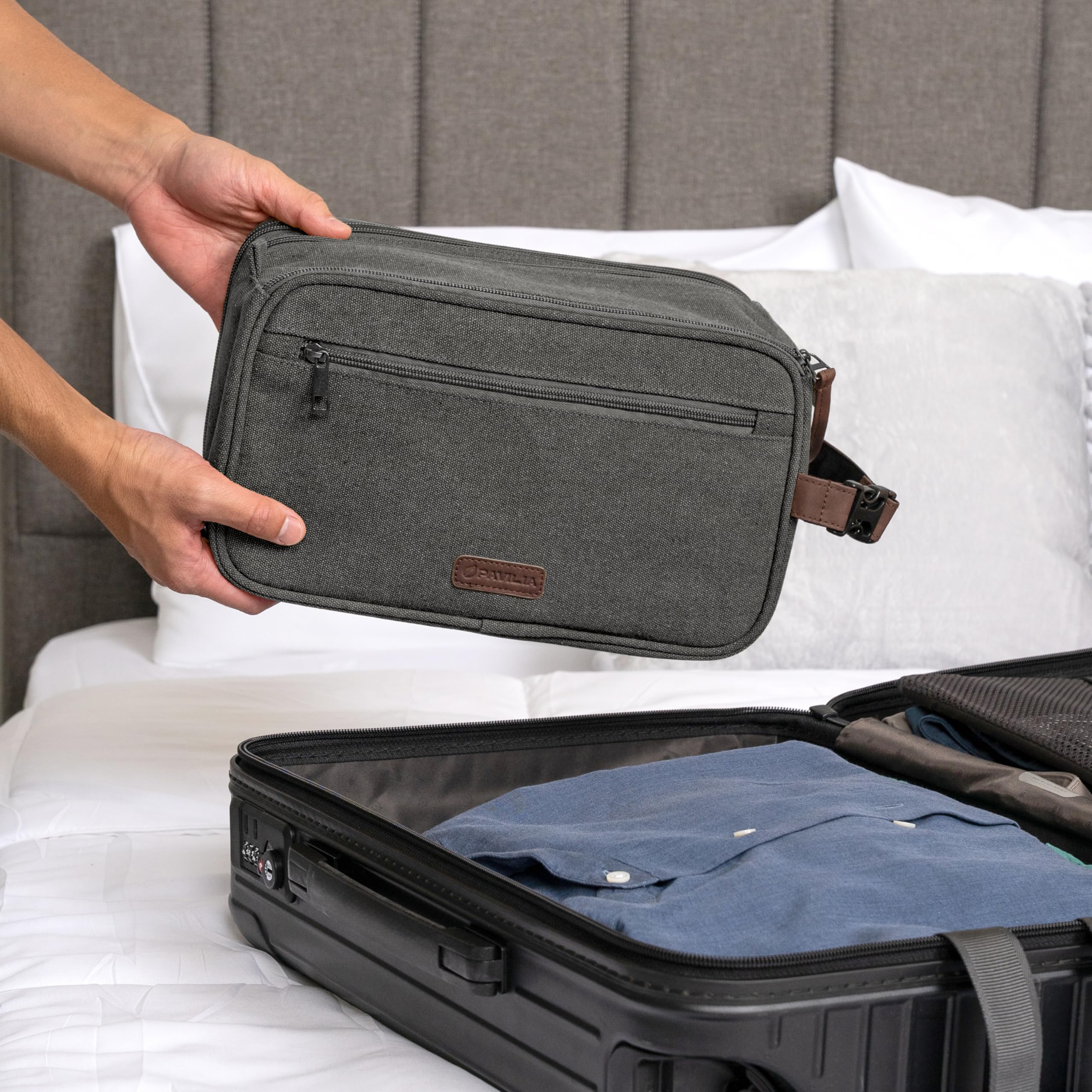 PAVILIA Extra Large Water Resistant Canvas Toiletry Bag for Men & Women - Travel Dopp Kit, Hygiene Organizer & Shaving Kit Accessories (Grey) - Perfect for Camping, Gym, Business Trips & Vacation Packing