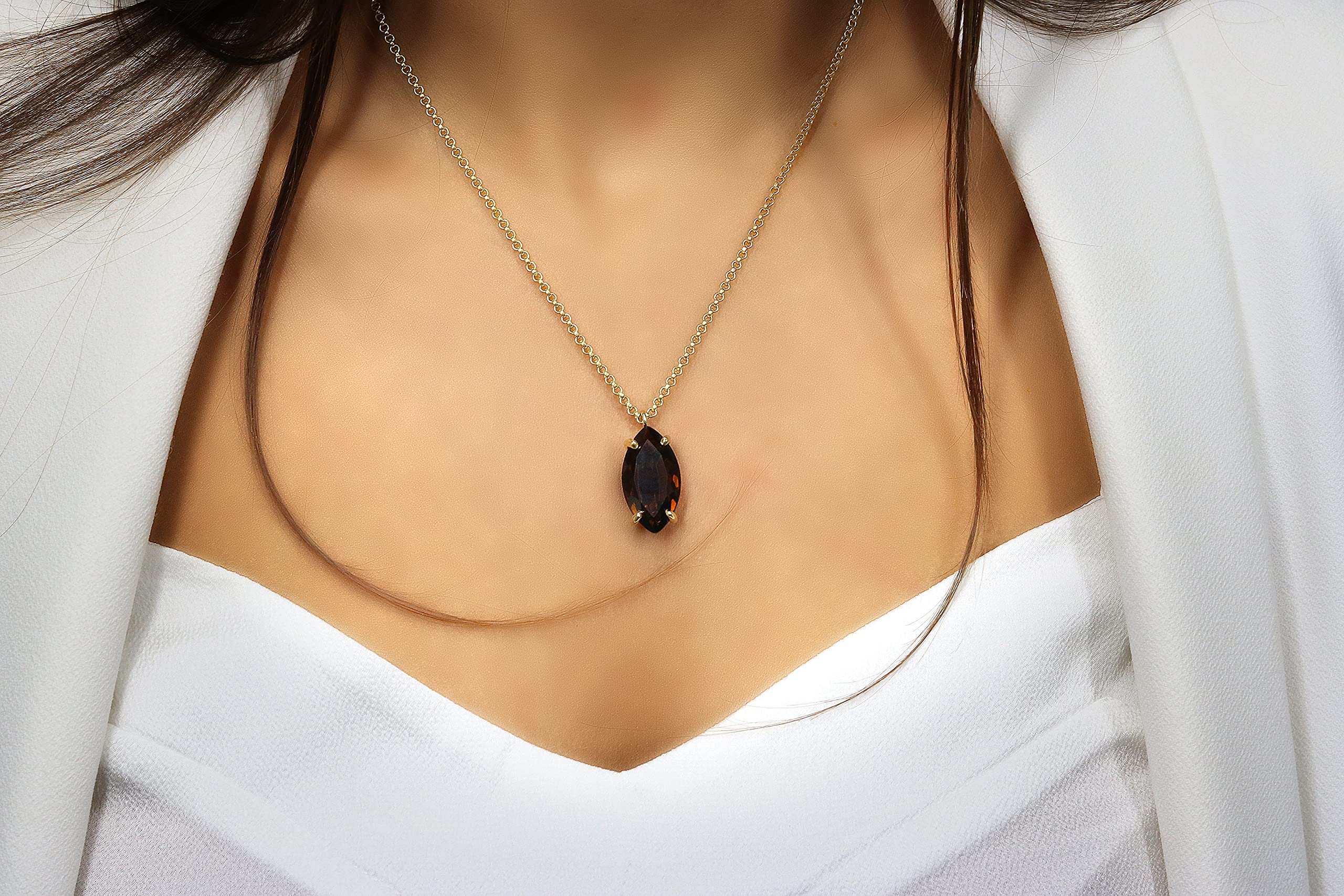 Elegant 14k Gold Marquise Smoky Quartz Necklace for Women - Wedding, Engagement, Graduation, Mother's Day & Birthday Gift - Custom Anemone Jewelry - Perfect for Special Occasions & Everyday Luxury