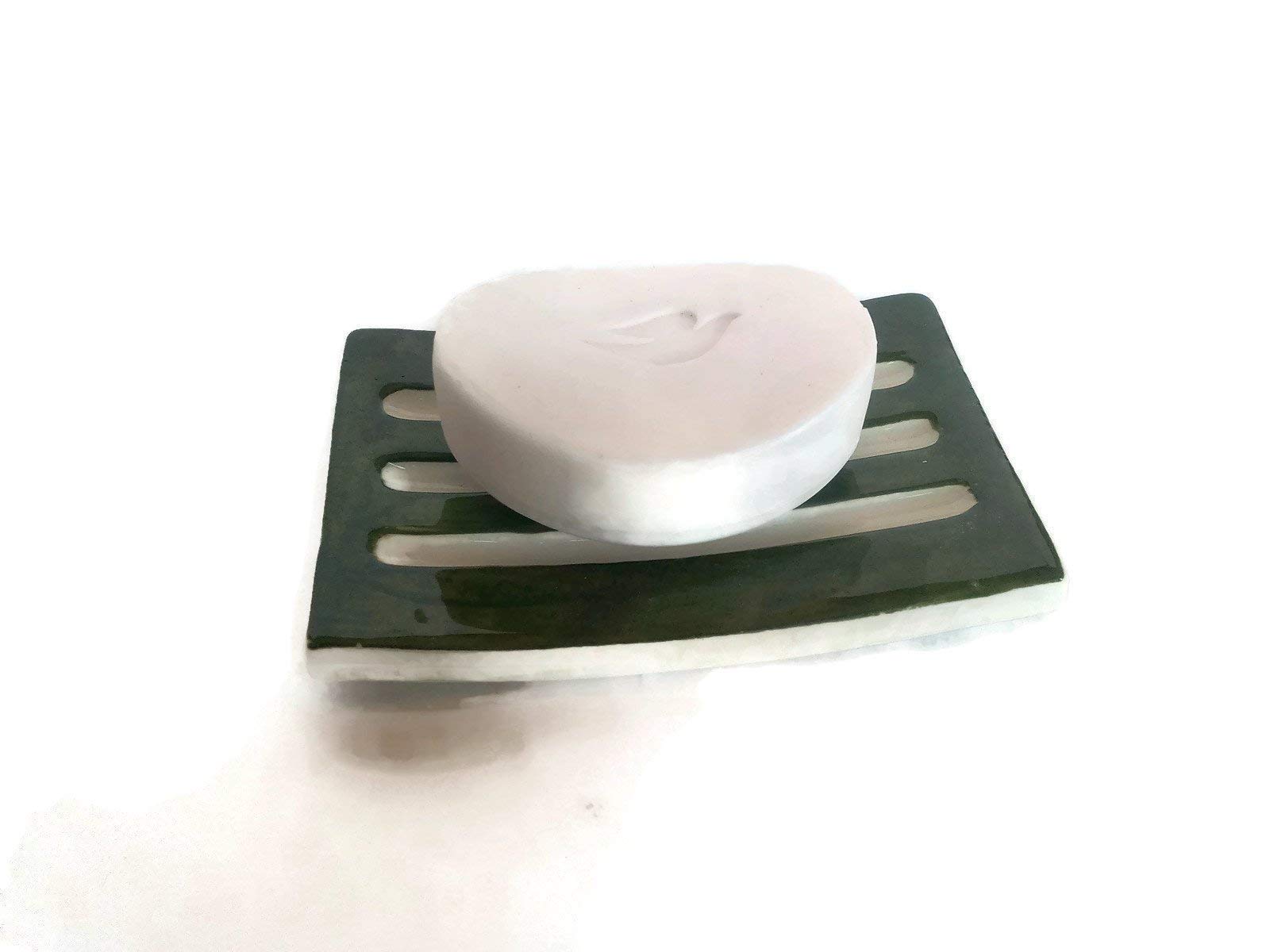 Olive Green Handmade Ceramic Soap Dish for Bar Soap - Rectangle Sponge Holder | Bathroom & Kitchen Organizer, Spa & Shower Accessory