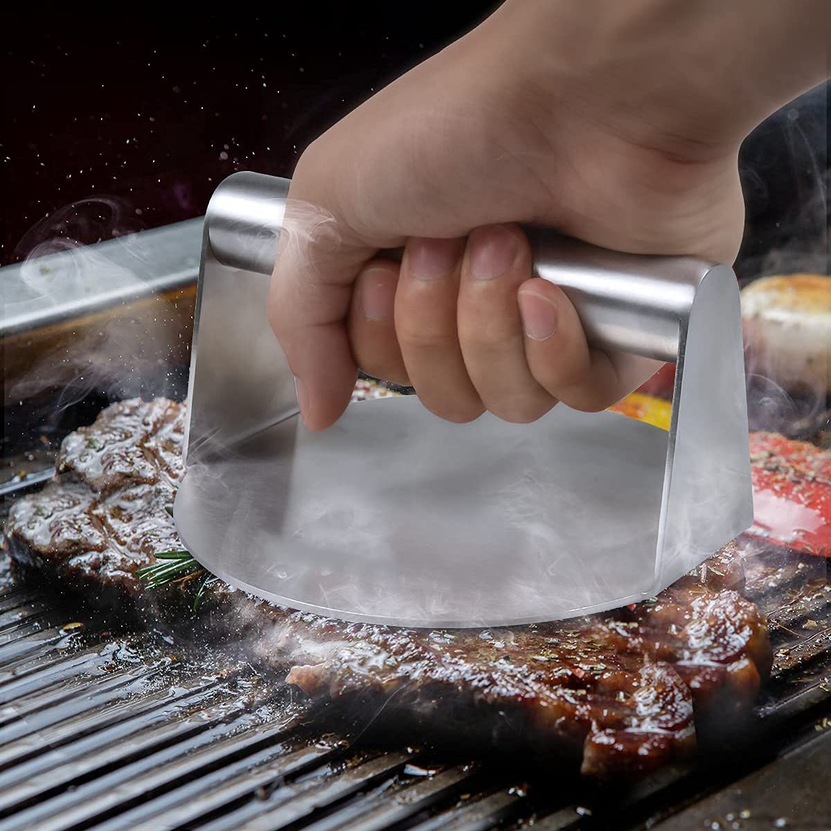 Premium Round Smash Press & Griddle Accessories Kit - Heavy Duty Hamburger Patty Maker with Grease Drain for Perfect Juicy Burgers - Ideal for BBQ, Backyard Grilling & Commercial Restaurant Use