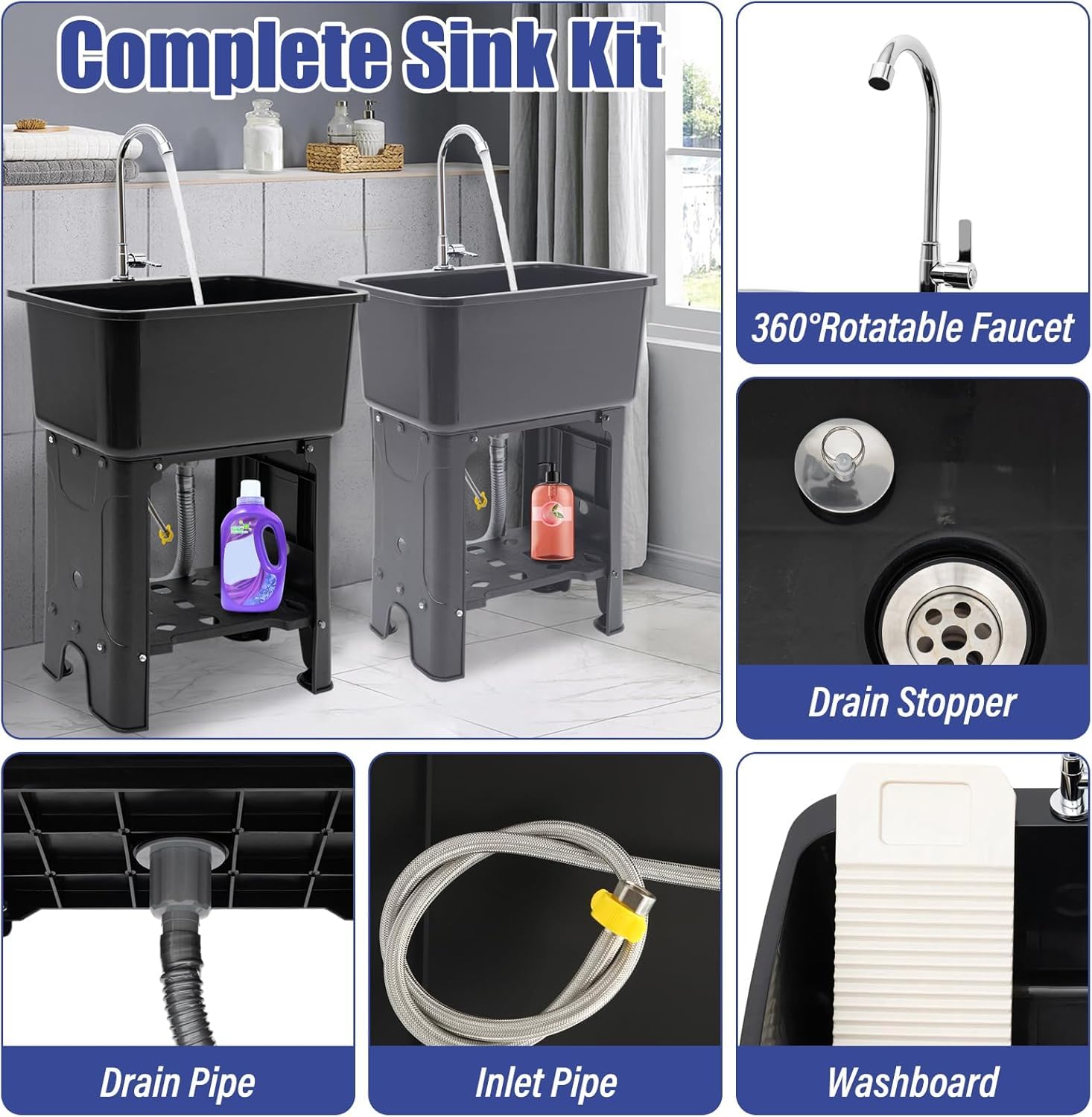 Freestanding Laundry Sink with Washboard - Plastic Utility Tub for Garage, Basement & Garden Use