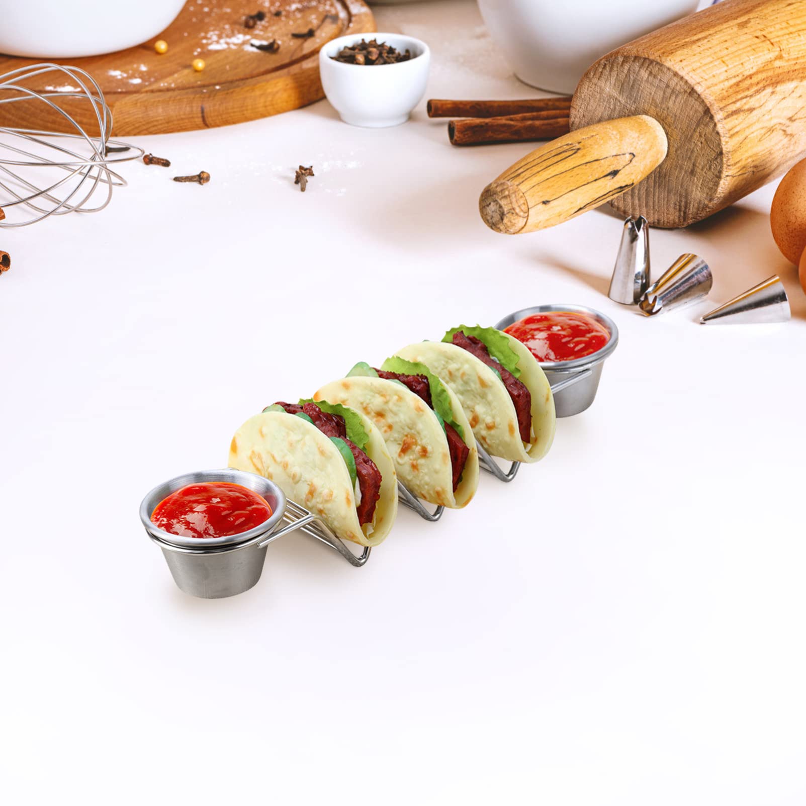 Stainless Steel Pancake Stand with Sauce Cups - Commercial Bakery & Kitchen Storage Rack for Pancakes, Tacos & Waffles - Perfect for Restaurants, Cafes & Home Breakfast Buffets