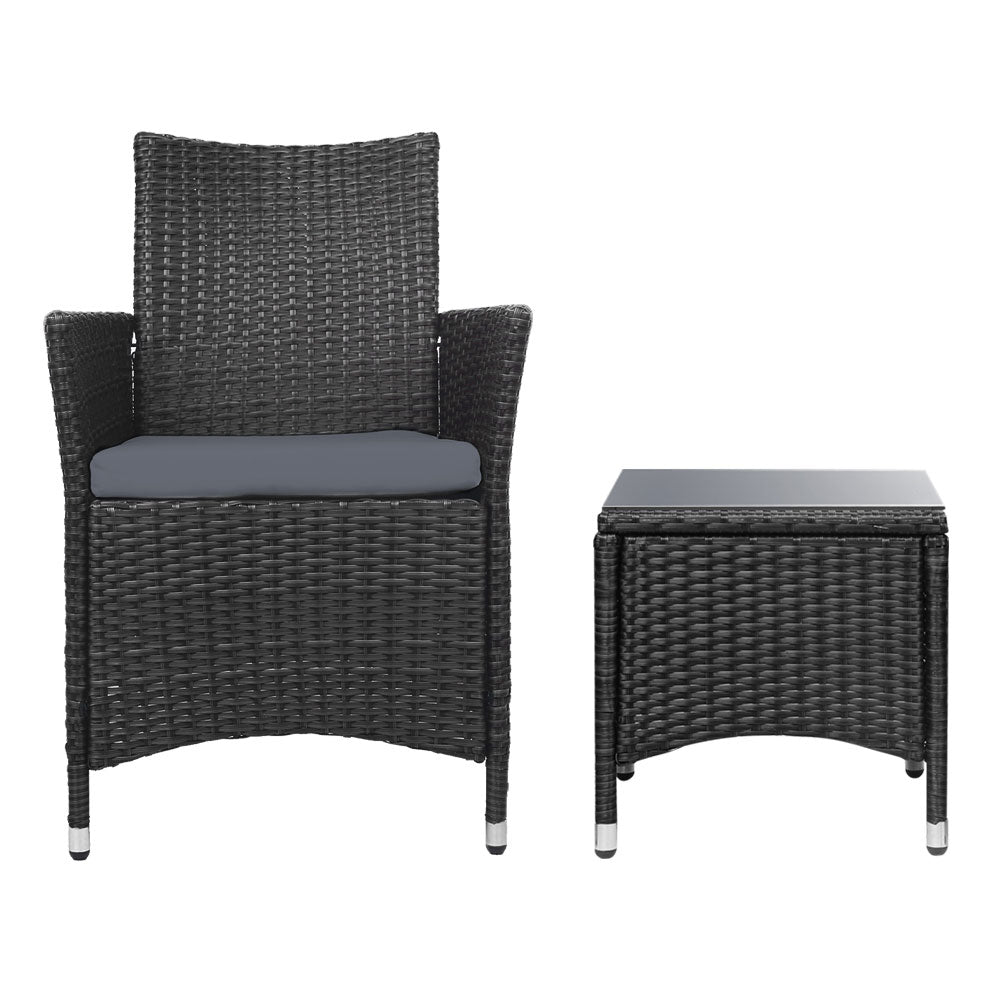 3-Piece Outdoor Bistro Set - Patio Furniture with Wicker Chairs, Table & Cushions in Black - Perfect for Garden, Balcony or Backyard Relaxation