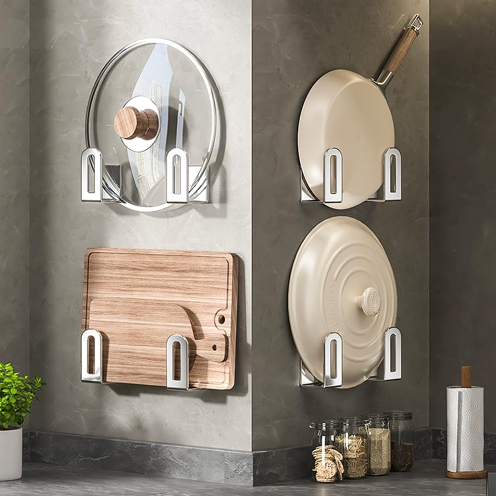 Self-Adhesive Stainless Steel Pan Cover Rack - Space-Saving Pantry Organizer for Cutting Boards & Pot Lids - Perfect for Kitchen Cabinet, Drawer, or Wall Storage