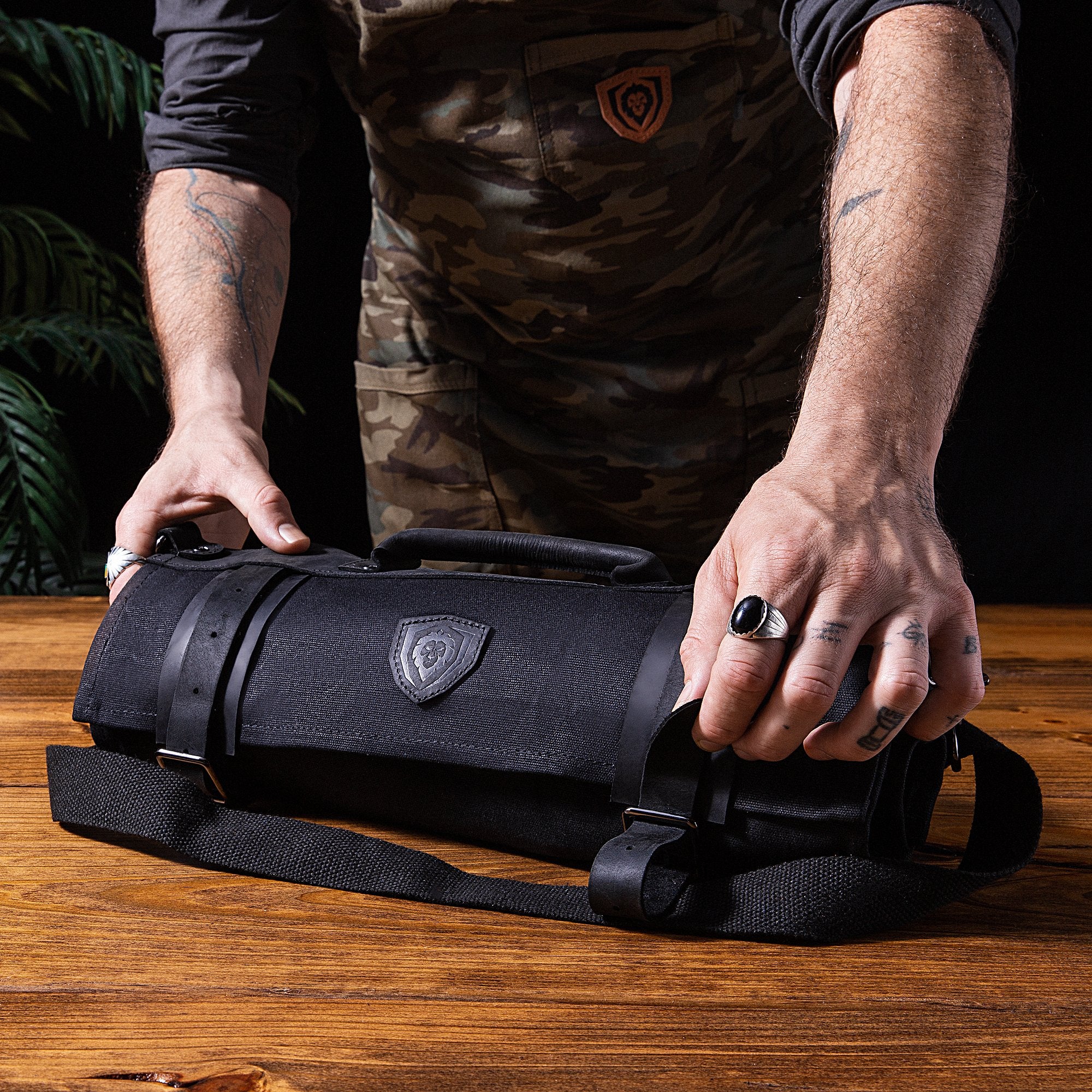 12oz Heavy Duty Canvas & Leather Knife Roll - Nightmaster Black | Dalstrong Professional Chef Knife Holder | Perfect for Chefs, BBQ & Outdoor Cooking