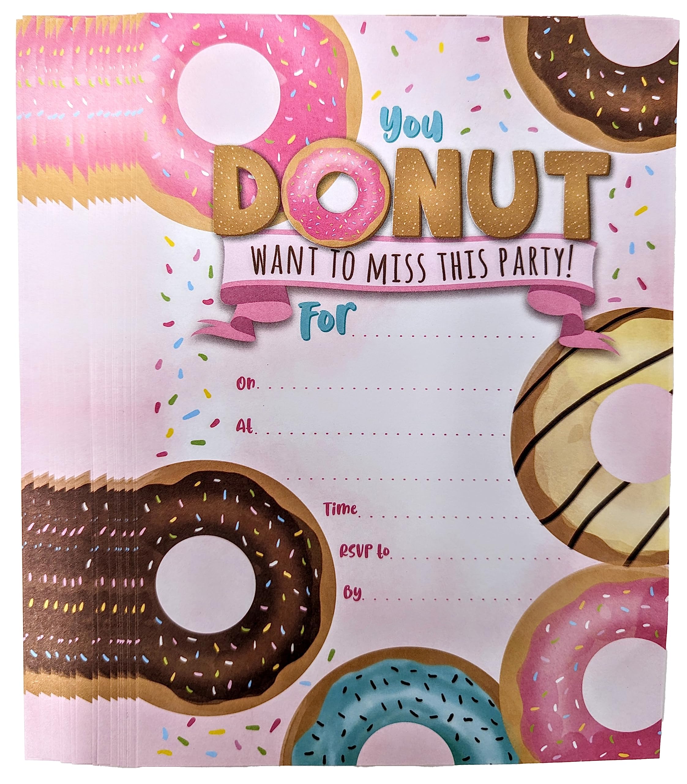 YLAB - 20 Pack Donut Themed Party Invitations with Pink Envelopes - Birthday Party, Engagement Celebration, Baby Shower Invites - Perfect for Dessert Parties, Donut Lover Events & Sweet Themed Celebrations
