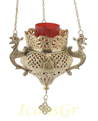Greek Orthodox Christian Bronze Hanging Votive Oil Lamp with Chain & Red Glass - Religious Home Decor for Prayer, Meditation & Church Altar Use - 9688b
