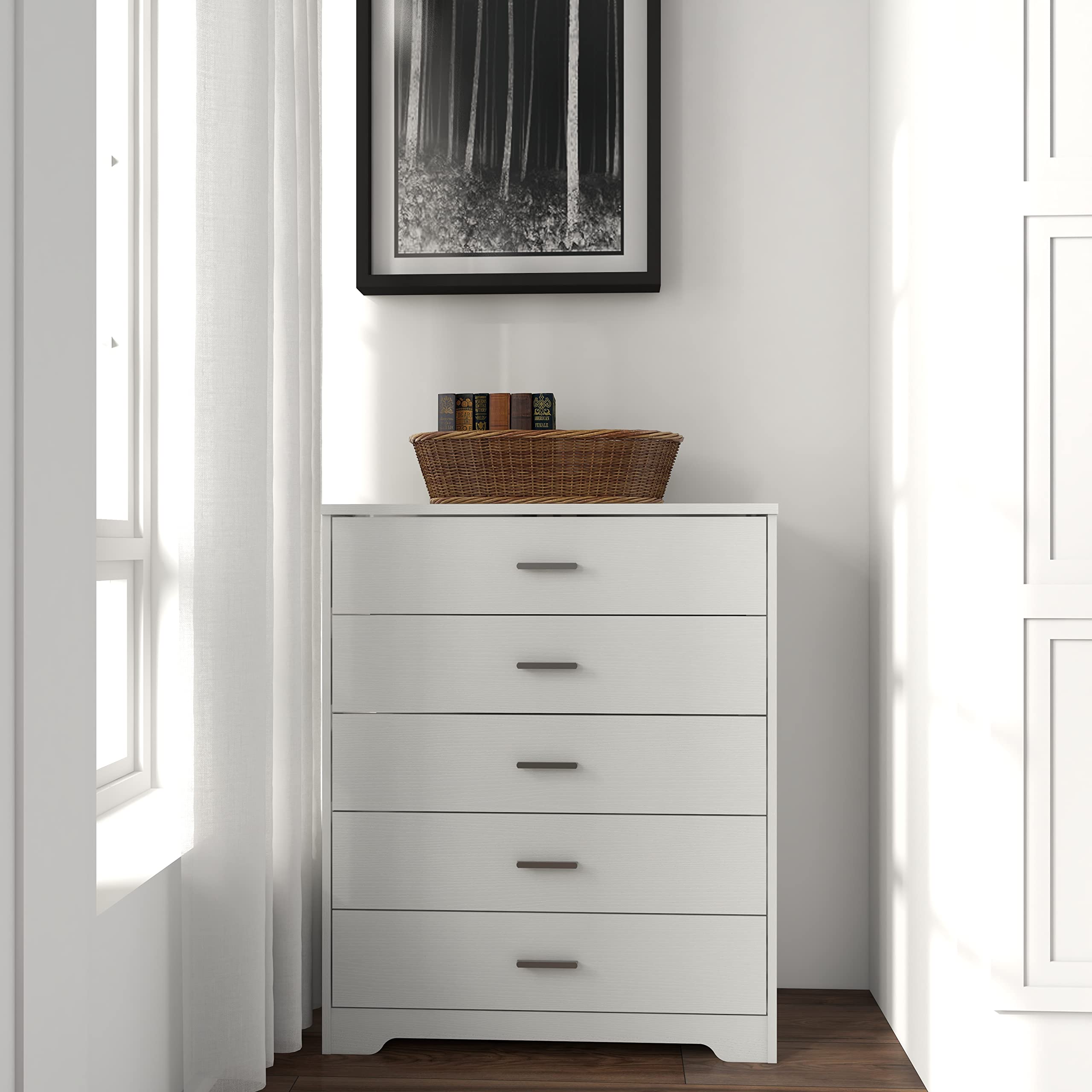 5/6 Drawer Wooden Dresser for Bedroom - White Chest of Drawers with Storage Organizer - Perfect for Bedroom, Living Room, Hallway & Nursery Furniture Organization (5-Drawer, White)