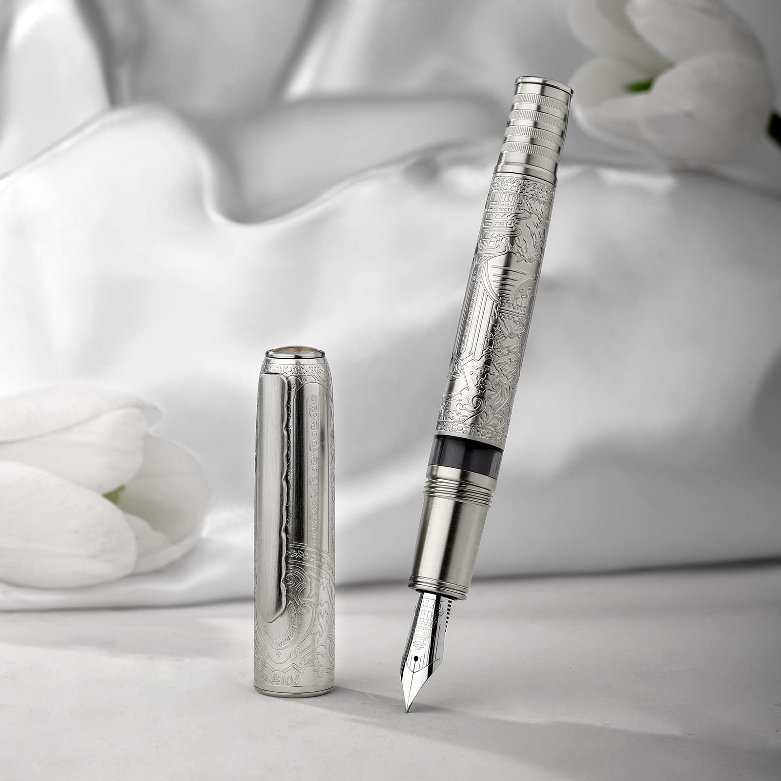 Hongdian 100 Silver Steel Fountain Pen with Iridium Extra Fine Nib - Smooth Writing Calligraphy Pen for Men & Women - Perfect for Journaling, Note Taking, and Gift Giving