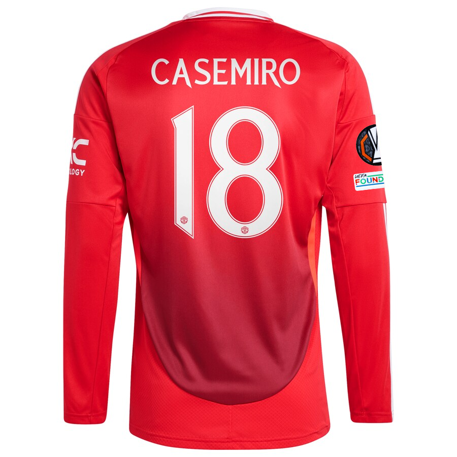 adidas Manchester United Casemiro Long Sleeve Home Jersey 2024/25 - Official Europa League Patches (Red) | Authentic Soccer Jersey for Fans & Match Days
