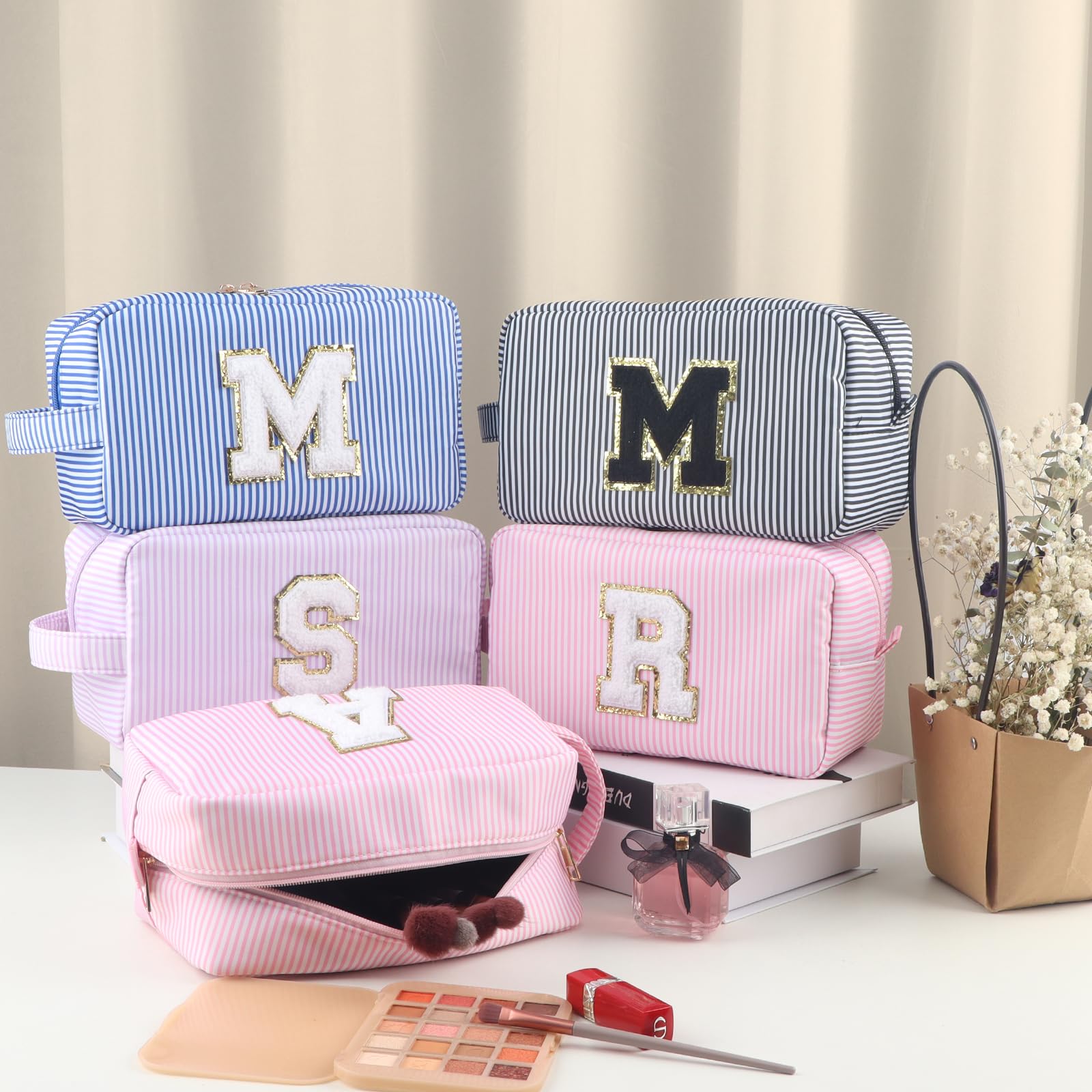 Glitter Chenille Makeup Bag for Women - Water-resistant Nylon Travel Cosmetic Pouch with Portable Design (Stripe Pink) - Perfect for Bathroom Storage, Travel Essentials & Daily Organizer