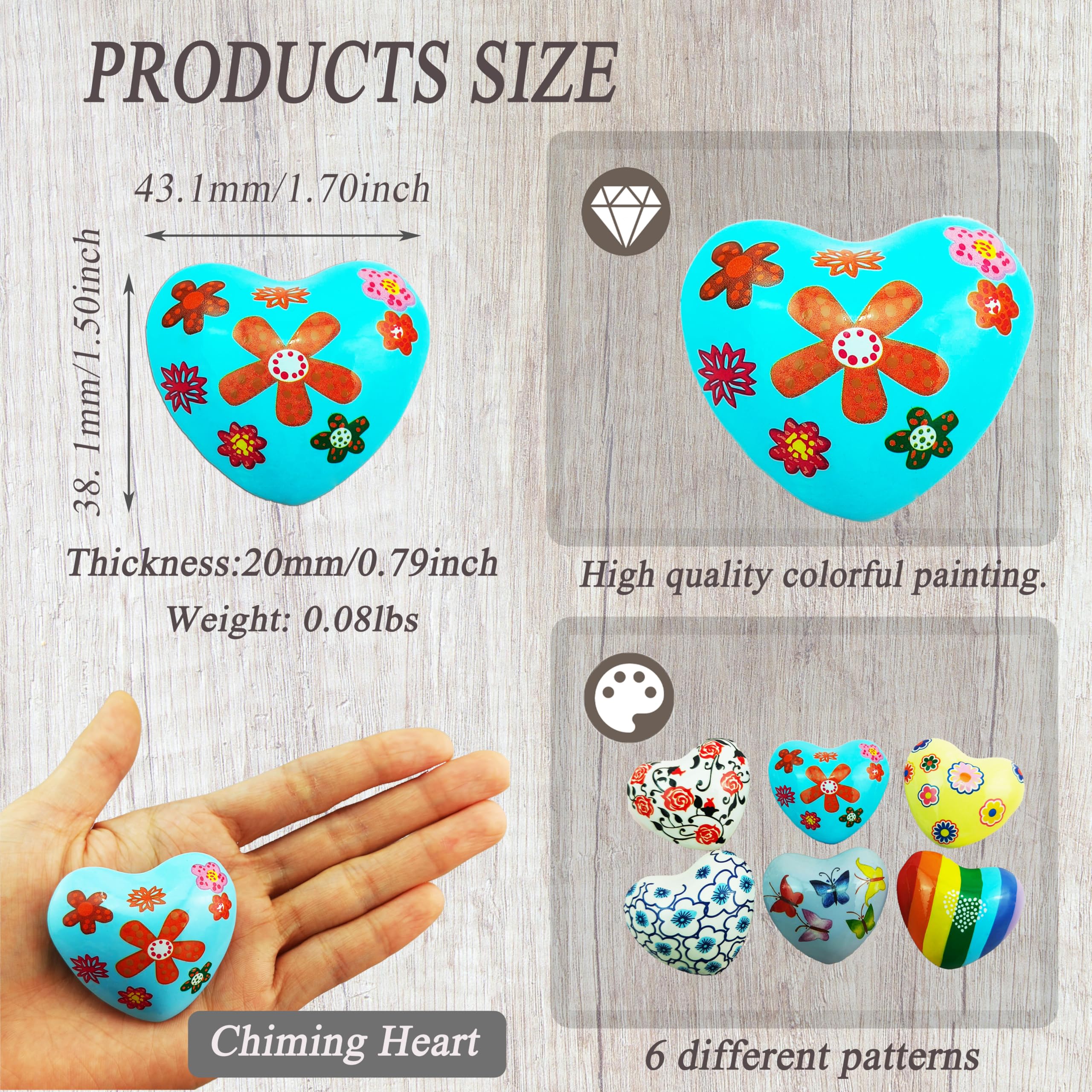 Chime Heart Decorations - Musical Bells with Hand-Painted Patterns, Portable Art & Gift Set (6 Unique Designs) for Home Decor, Wedding Favors & Garden Ornaments