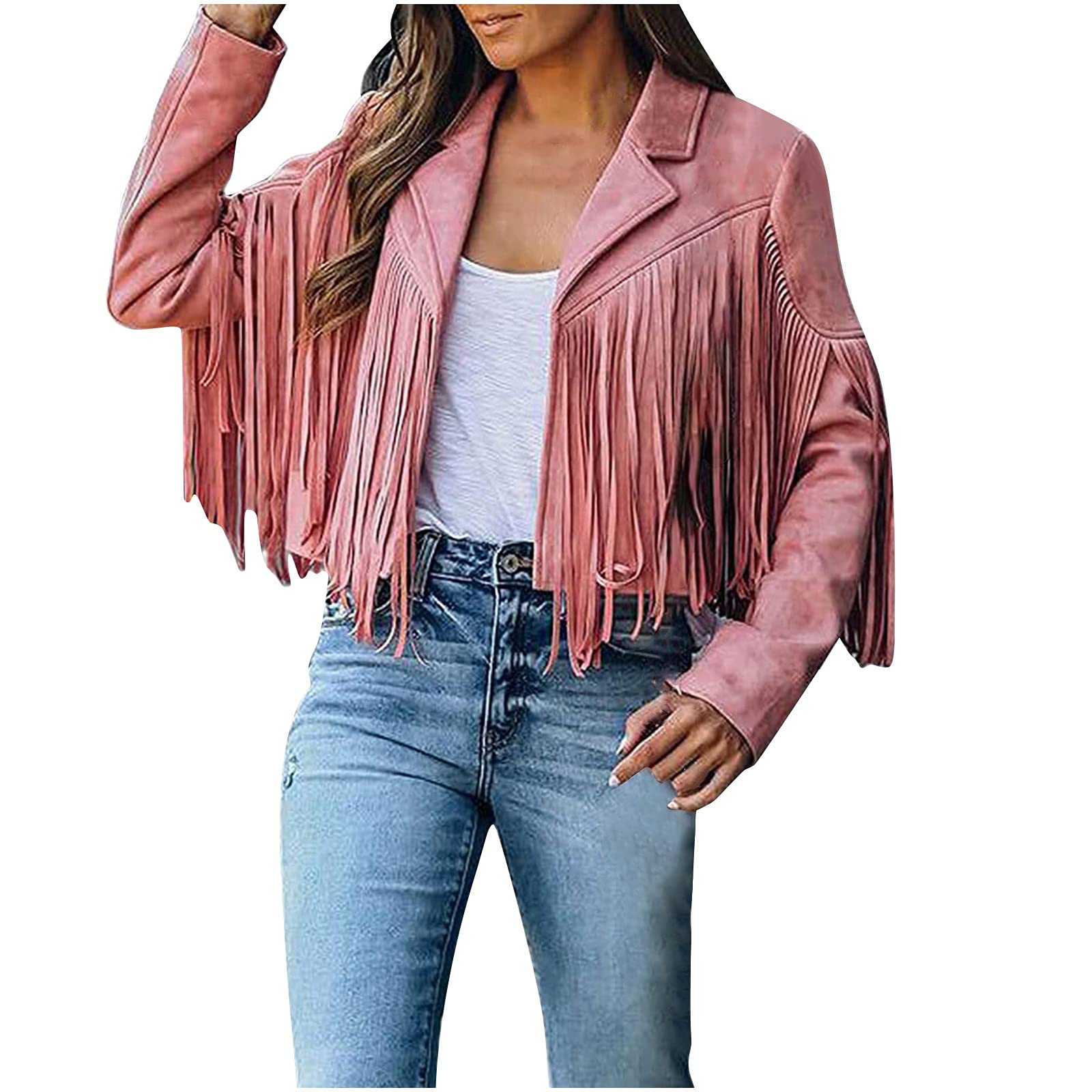 Vintage Women's Faux Suede Cropped Jacket with Tassels - Long Sleeve Fringe Coat for Casual Wear, Hippie & Motorcycle Style - Perfect for Biker Rides, Music Festivals & Boho Fashion Outfits