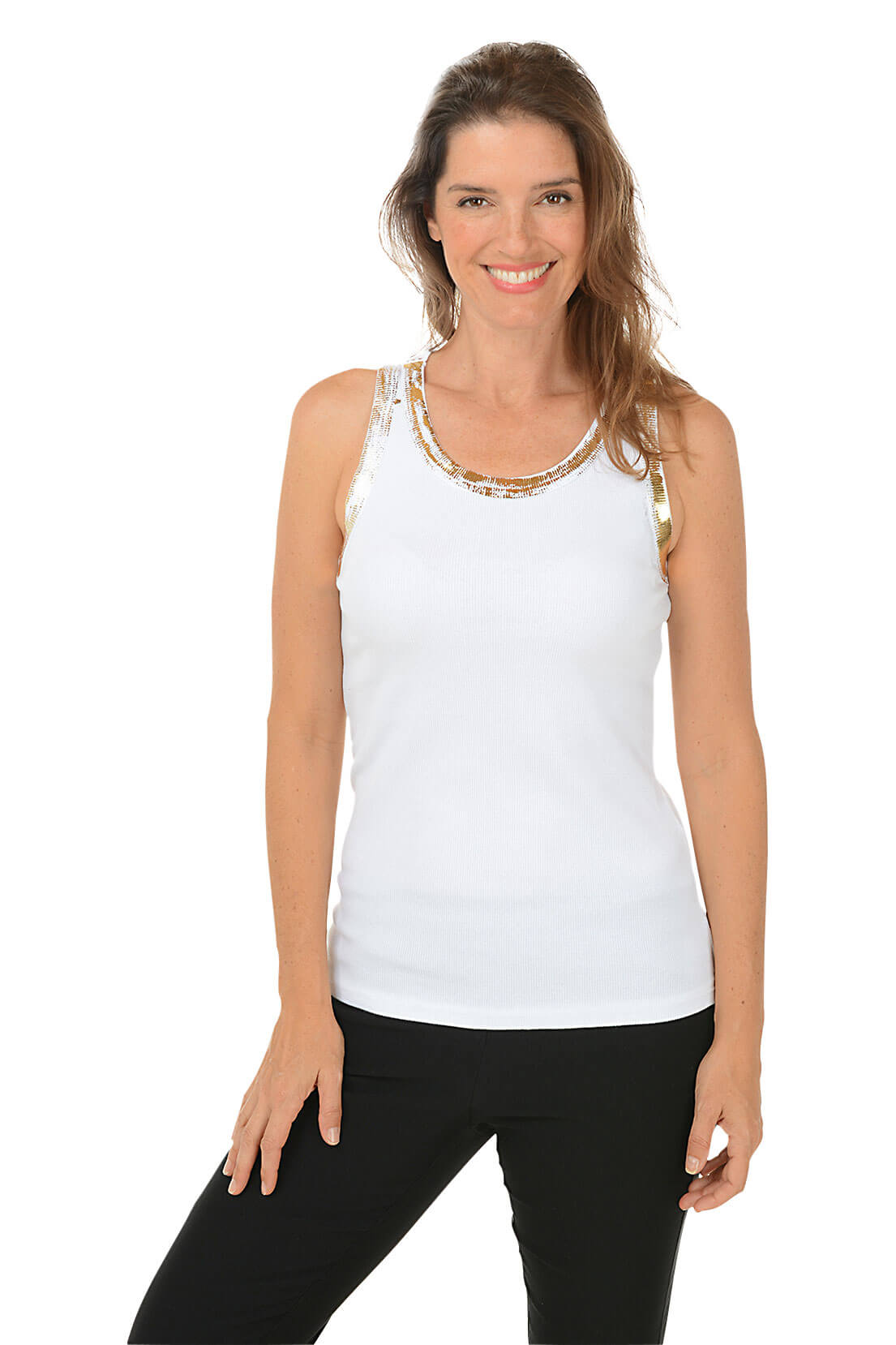 Gold Shimmer Trim Cotton Tank Top for Women - Elegant & Comfortable Summer Wear - Perfect for Beach, Parties & Casual Outings