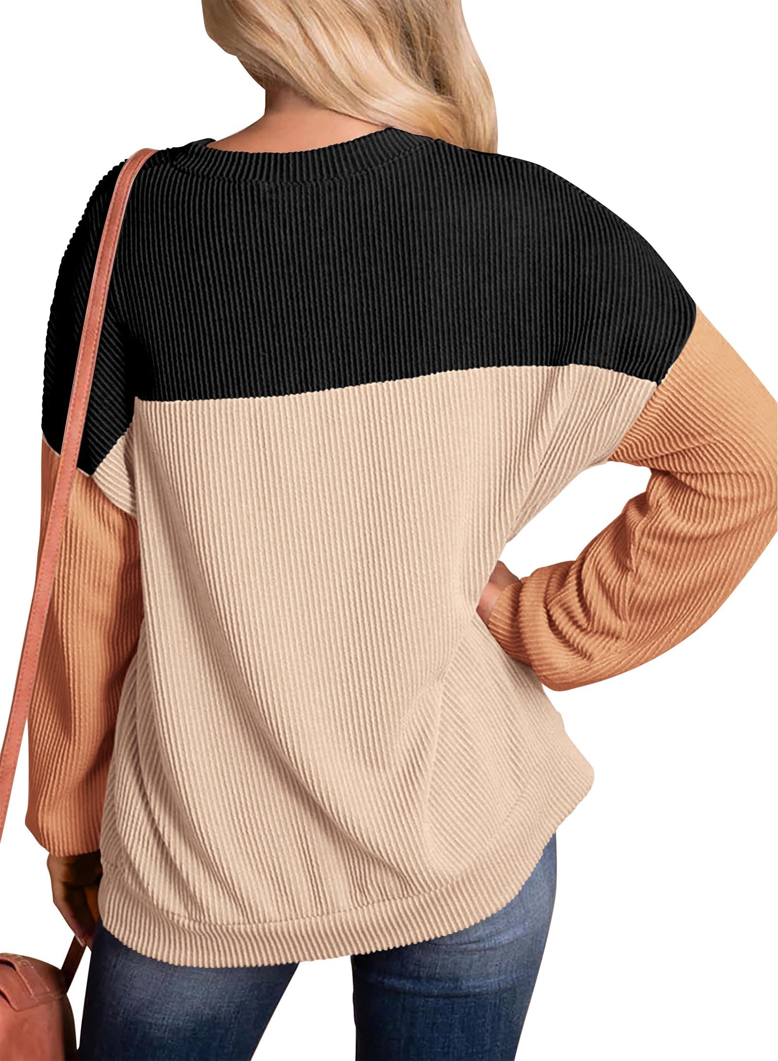 KIRUNDO Women's Ribbed Long Sleeve Knit Top - Color Block Casual Crewneck Pullover Shirt | Spring Fashion 2025 | Loose Fit Comfortable Clothing for Work, Dating & Weekend Outfits