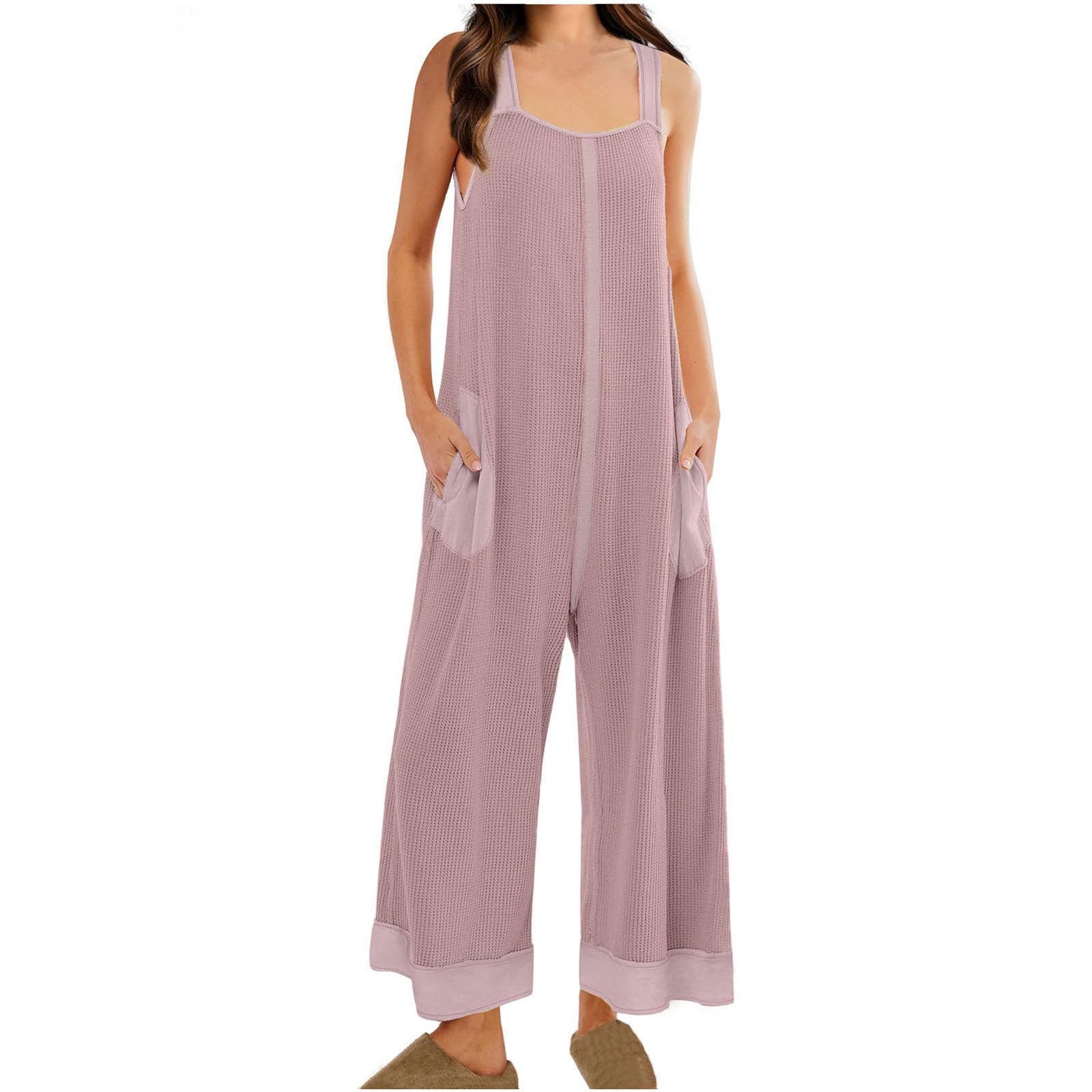 Women's Waffle Knit Wide Leg Romper 2024 - Cute Drawstring Open Back Jumpsuit | Summer Casual Loose Overalls for Beach, Vacation & Lounge Wear