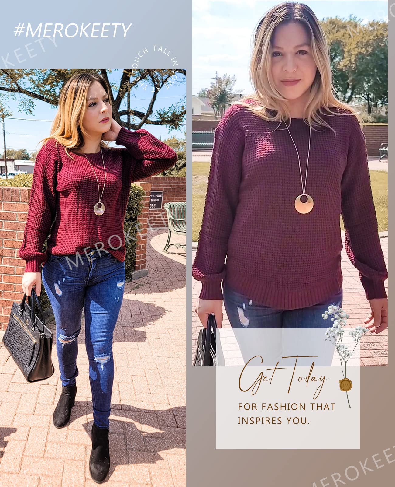 MEROKEETY Women's 2024 Fall Waffle Knit Sweater - Long Balloon Sleeve Loose Pullover Jumper - Cozy Casual Knitwear for Autumn Outfits & Layering