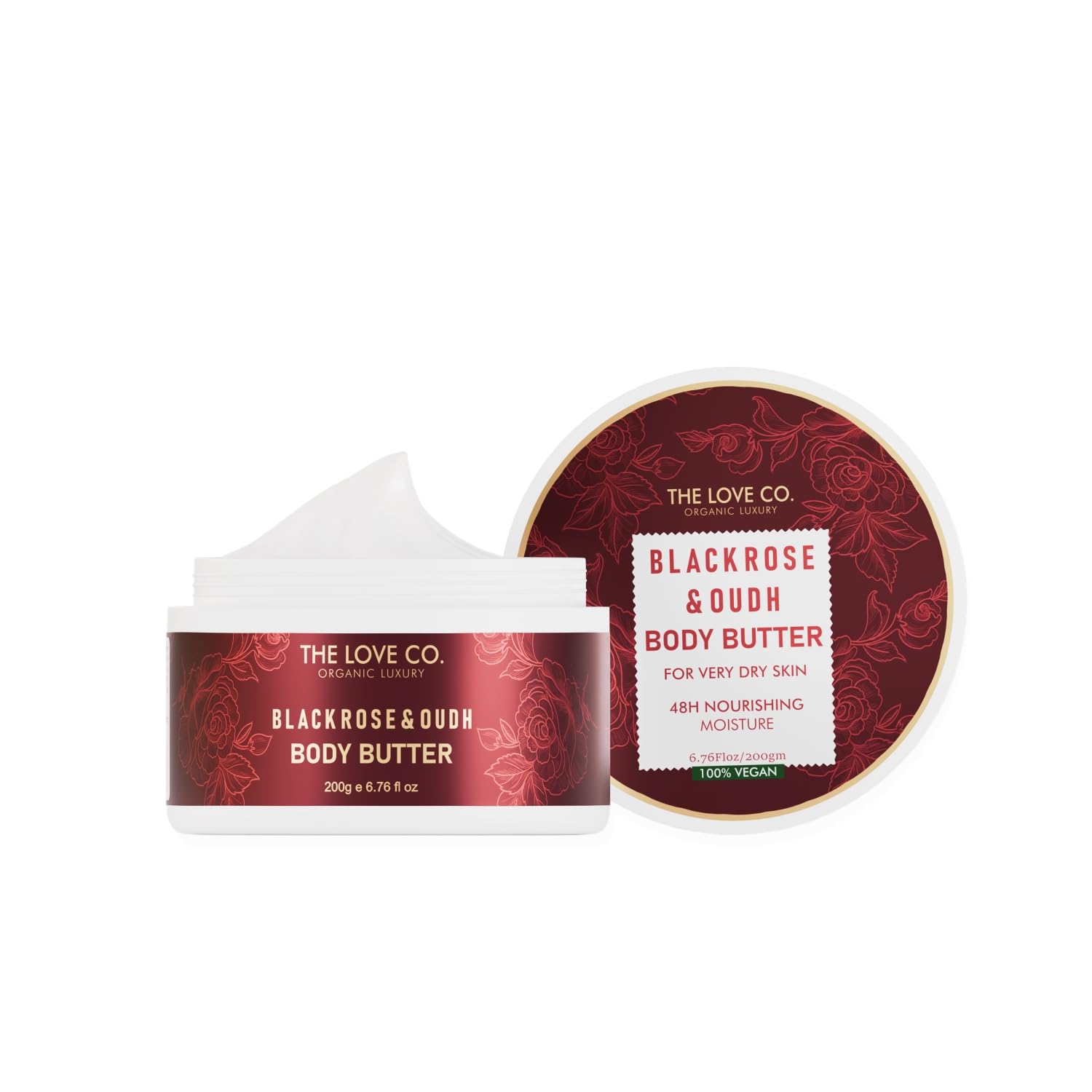 THE LOVE CO. Body Butter - 48-Hour Intense Hydration with Pure Shea Butter - Winter Deep Moisturizing Cream for Women - 200g (Black Rose & Oud) - Perfect for Dry Skin Care & Nighttime Hydration Routine