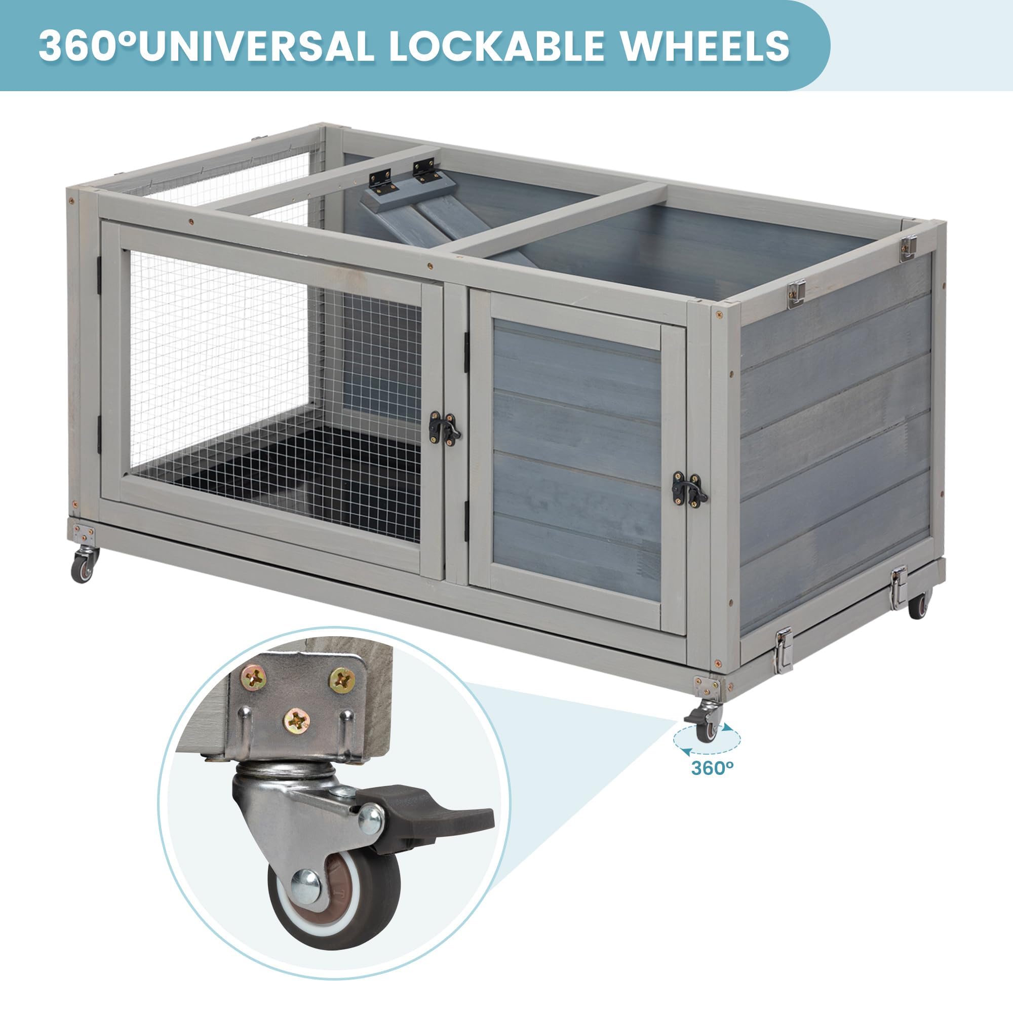 2-Story Wooden Rabbit Hutch - Weatherproof Indoor/Outdoor Bunny Cage with Wheels, Pull-Out Tray & Non-Slip Ramp - Grey Pet House for Rabbits, Guinea Pigs & Small Animals - Perfect for Backyard, Garden or Patio Use