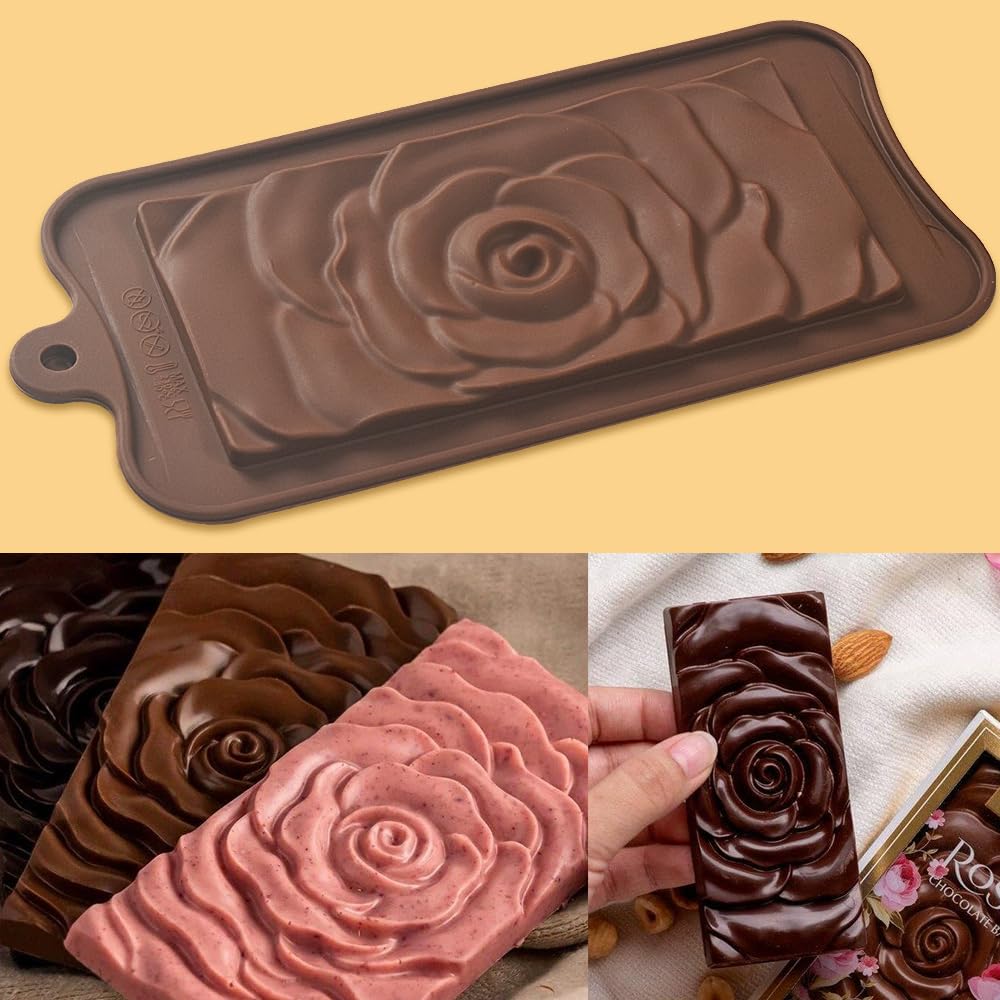 Premium Break Apart Silicone Chocolate Bar Molds with Rose Flower Design - 4 Pack for Homemade Protein Bars, Energy Bars & Candy Making - Perfect for Valentine's Day Gifts, Baking Parties & DIY Treats