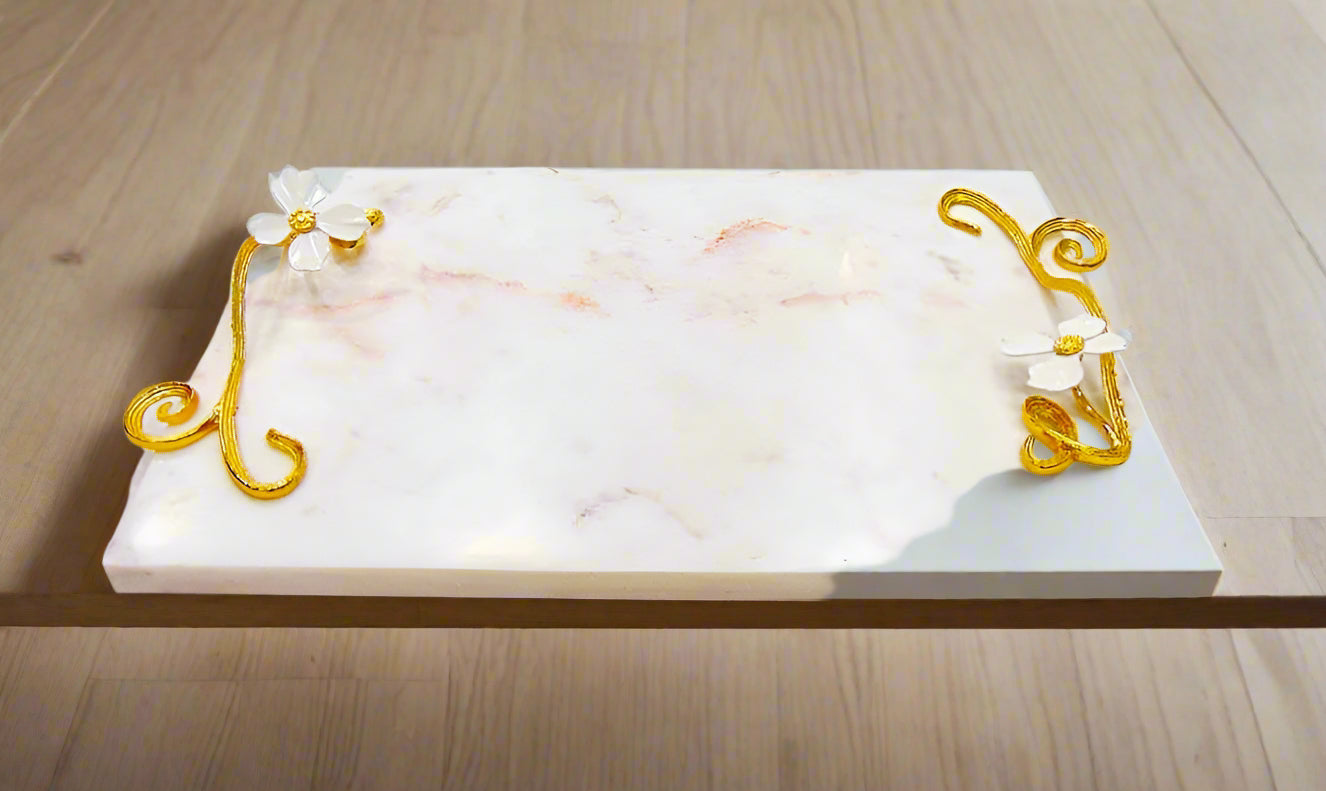 16x11 Inch Marble Tray with Floral Design - Elegant Serving Tray for Dining, Bathroom, or Vanity Decor | Perfect for Entertaining, Jewelry Display & Home Organization