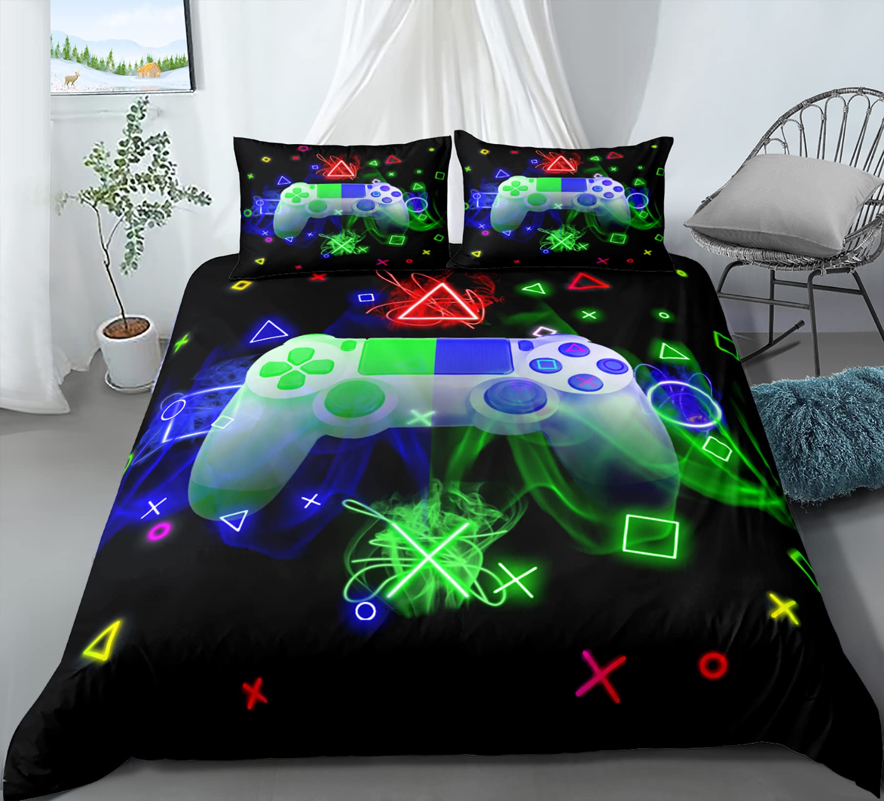 Full Size Video Games Bedding Set for Teen Boys - Cool Gaming Themed 3-Piece Comforter Cover with Microfiber - Perfect for Gamers' Bedroom Decor & Sleepovers