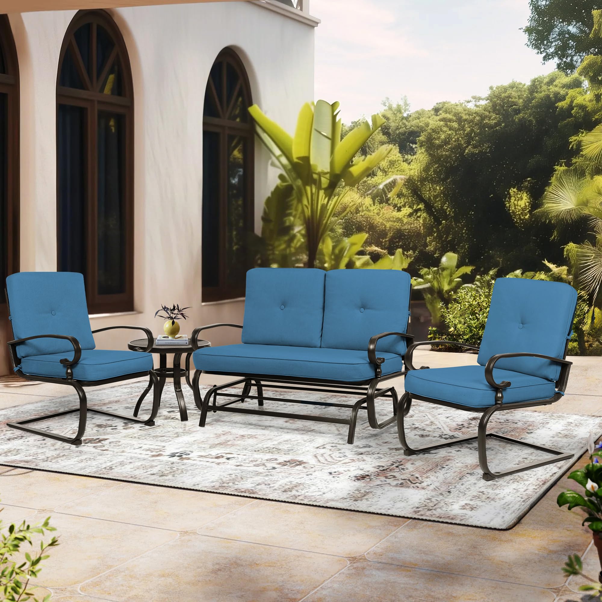 Incbruce Outdoor Patio Conversation Set - 4-Piece Metal Furniture with Glider, Bistro Table & 2 Spring Lounge Chairs (Peacock Blue, Wrought Iron) - Perfect for Garden, Backyard, and Poolside Relaxation