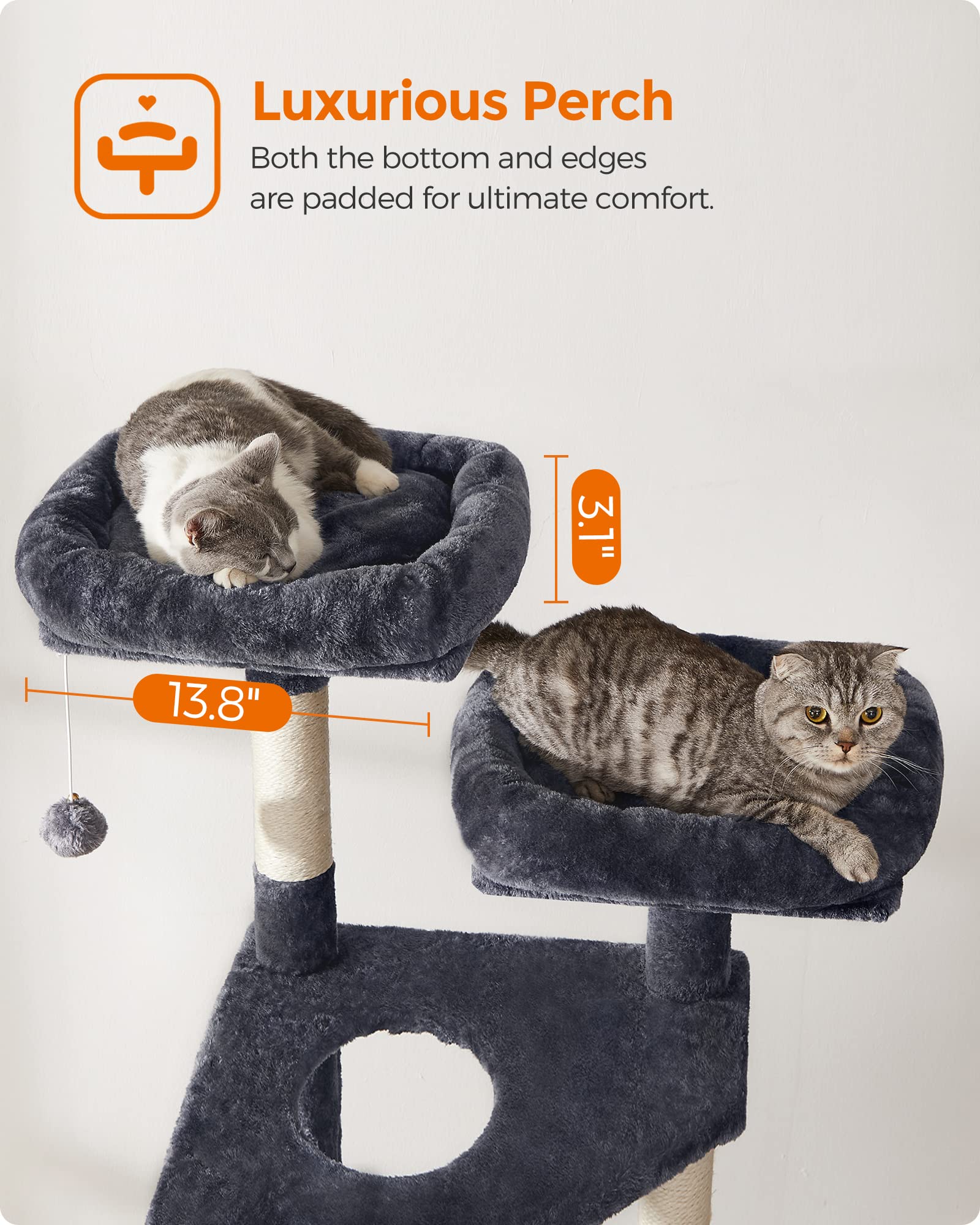 FEANDREA 55.9-Inch Cat Tree Tower for Indoor Cats - Multi-Level Cat Condo with Scratching Posts, 2 Plush Perches, Basket & Large Cat Cave - Durable Cat Activity Center with Ramp in Smoky Gray (UPCT160G01) - Perfect for Small Spaces & Playful Kittens