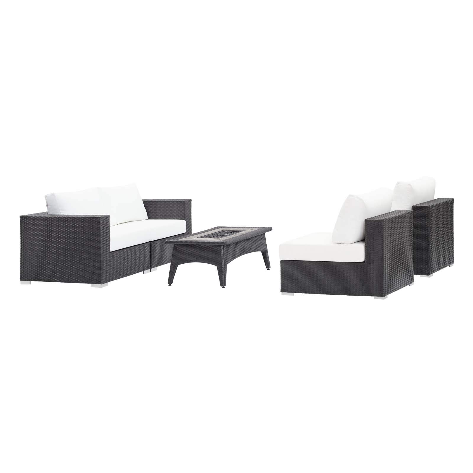 Modern Outdoor Patio Lounge Set - 3-Piece Wicker Sofa, Chair & Coffee Table with Fire Pit - White Rattan Furniture for Backyard, Garden, Poolside Relaxation
