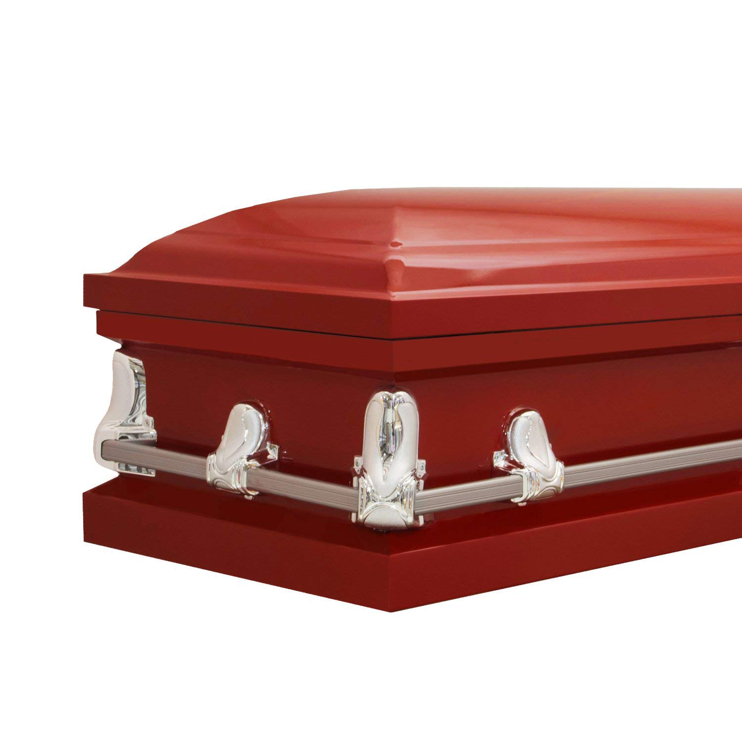Handcrafted Titan Casket Orion Panel Collection - Red Funeral Casket with White Crepe Interior & 'Going Home' Head Panel | Premium Burial Casket for Memorial Services & Home Viewings