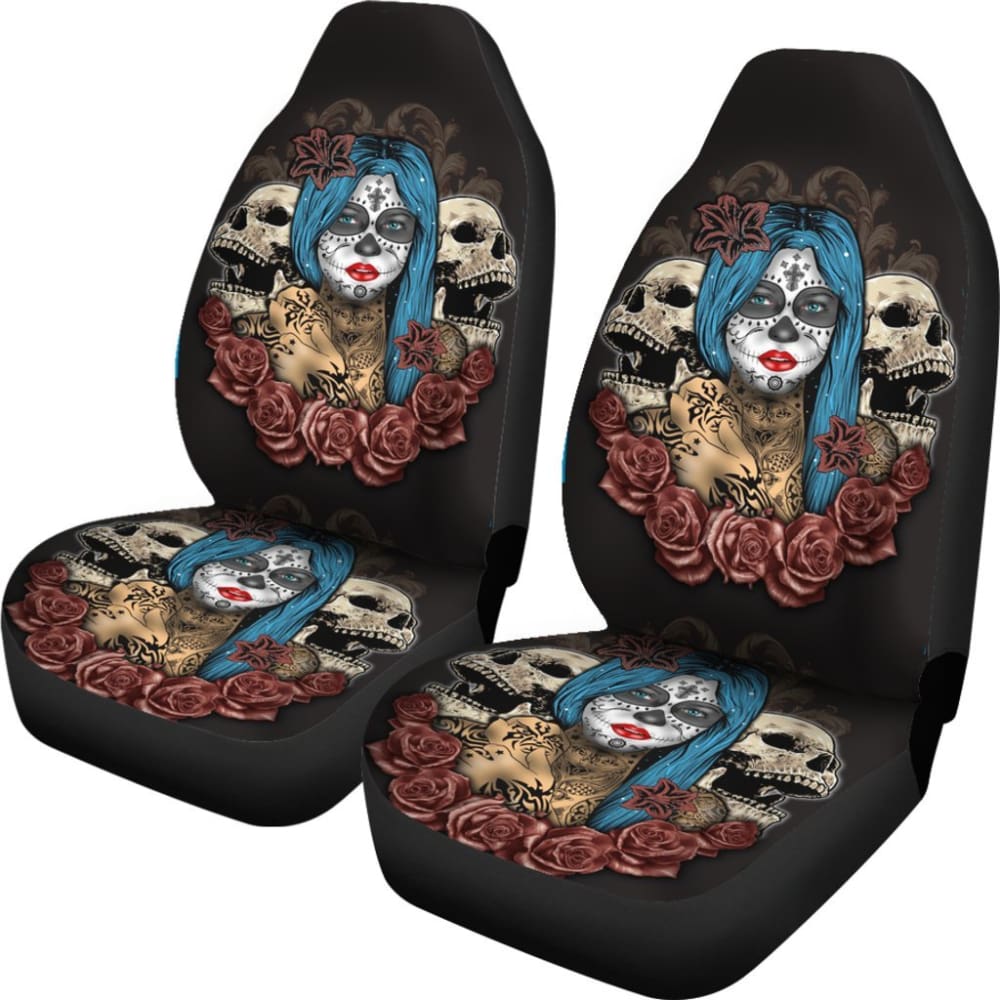 Blue Sugar Skull Seat Covers for Cars - Gothic Dia de Los Muertos Decor - Waterproof & Universal Fit - Perfect for Halloween, Day of the Dead Celebrations & Car Accessories