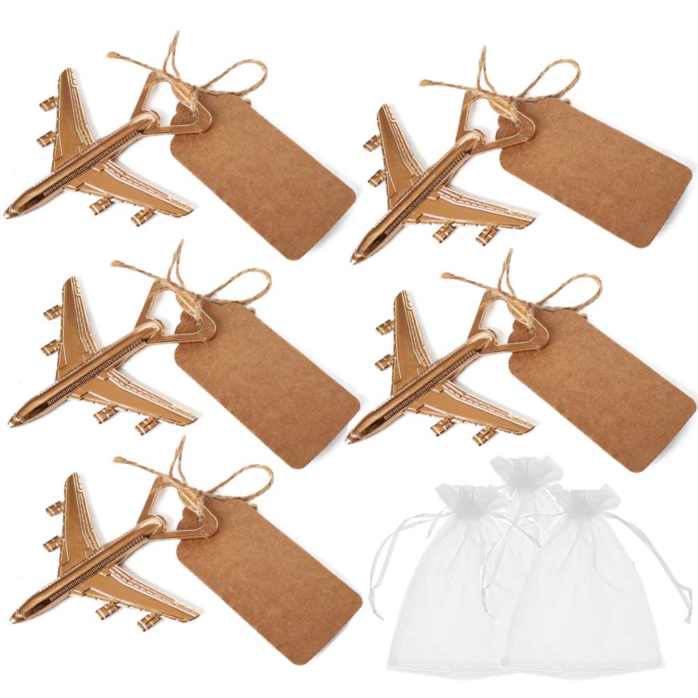 25 Pack Airplane Bottle Openers with White Sheer Favor Bags - Travel Theme Wedding Favors, Baby Shower Gifts, Party Supplies - Perfect for Adventure Themed Events, Bridal Showers & Travel Enthusiasts