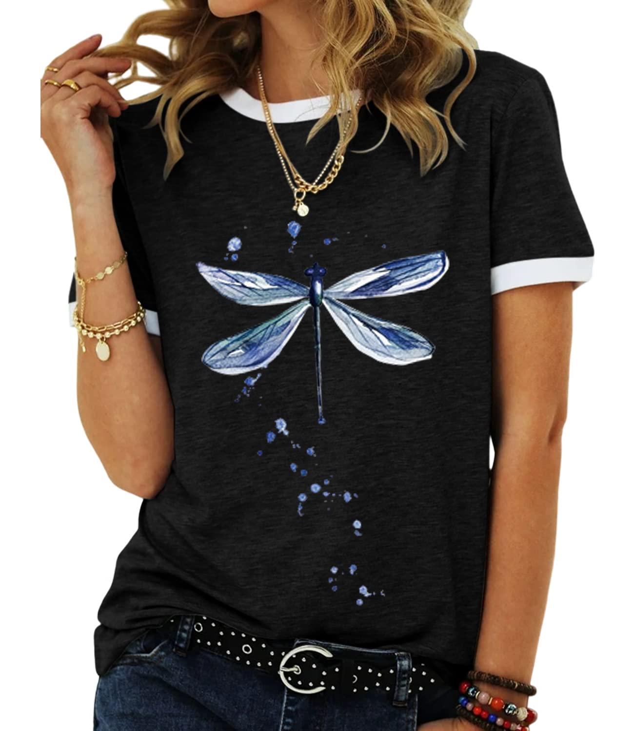 Funny Dragonfly Printed Women's Graphic Tee - Casual Short Sleeve T-Shirt for Summer | Cute & Comfortable Cotton Top for Outdoors, Travel & Daily Wear