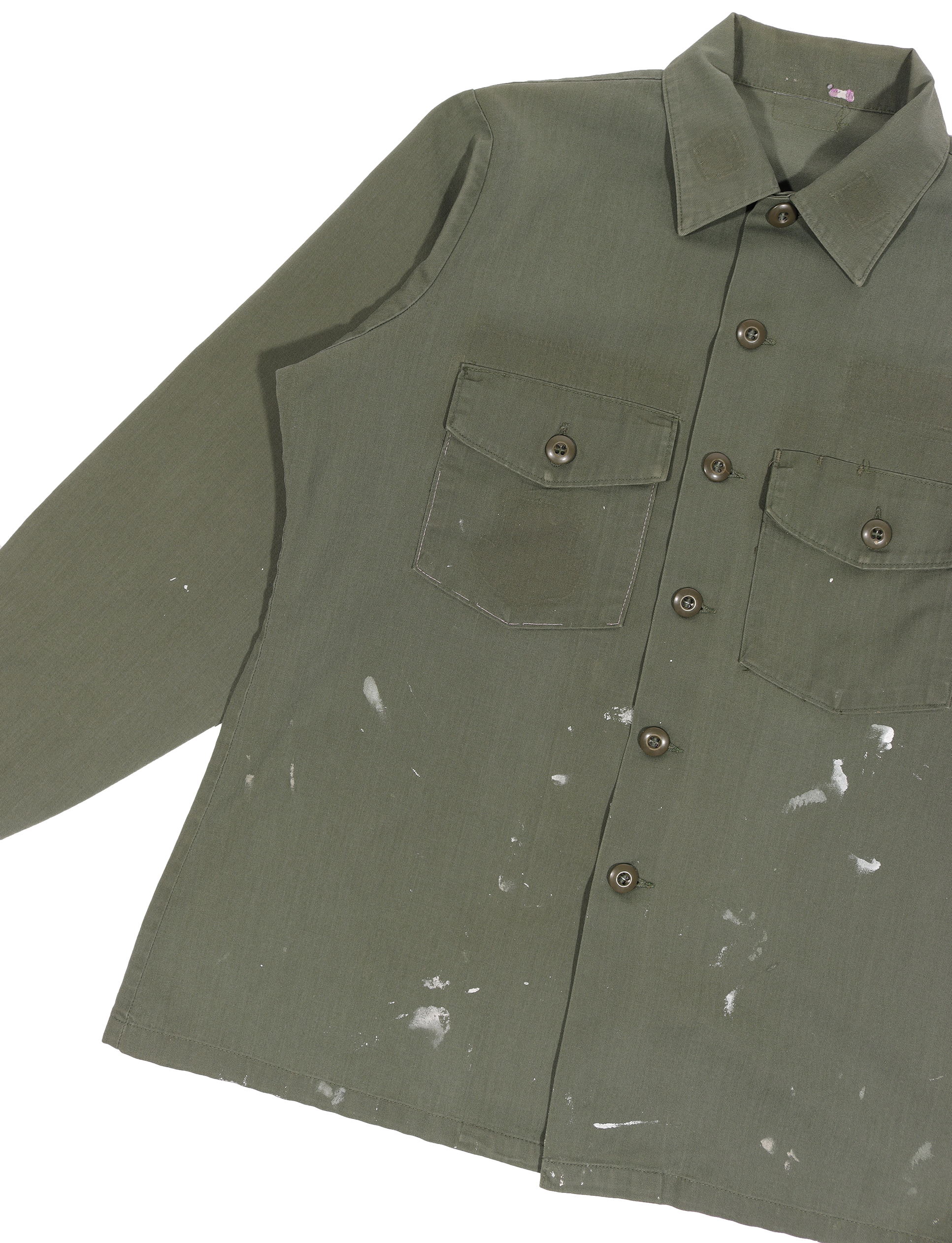 Vintage 1970s Military Army Paint Splatter Work Shirt - Retro Distressed Style for Men, Casual Wear & Costume Parties