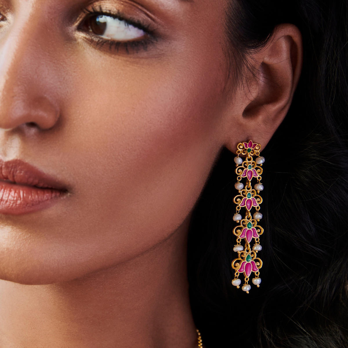 Pink Enamel Lotus Garden Drop Earrings for Women – Elegant Floral Dangle Earrings for Party, Wedding & Everyday Wear