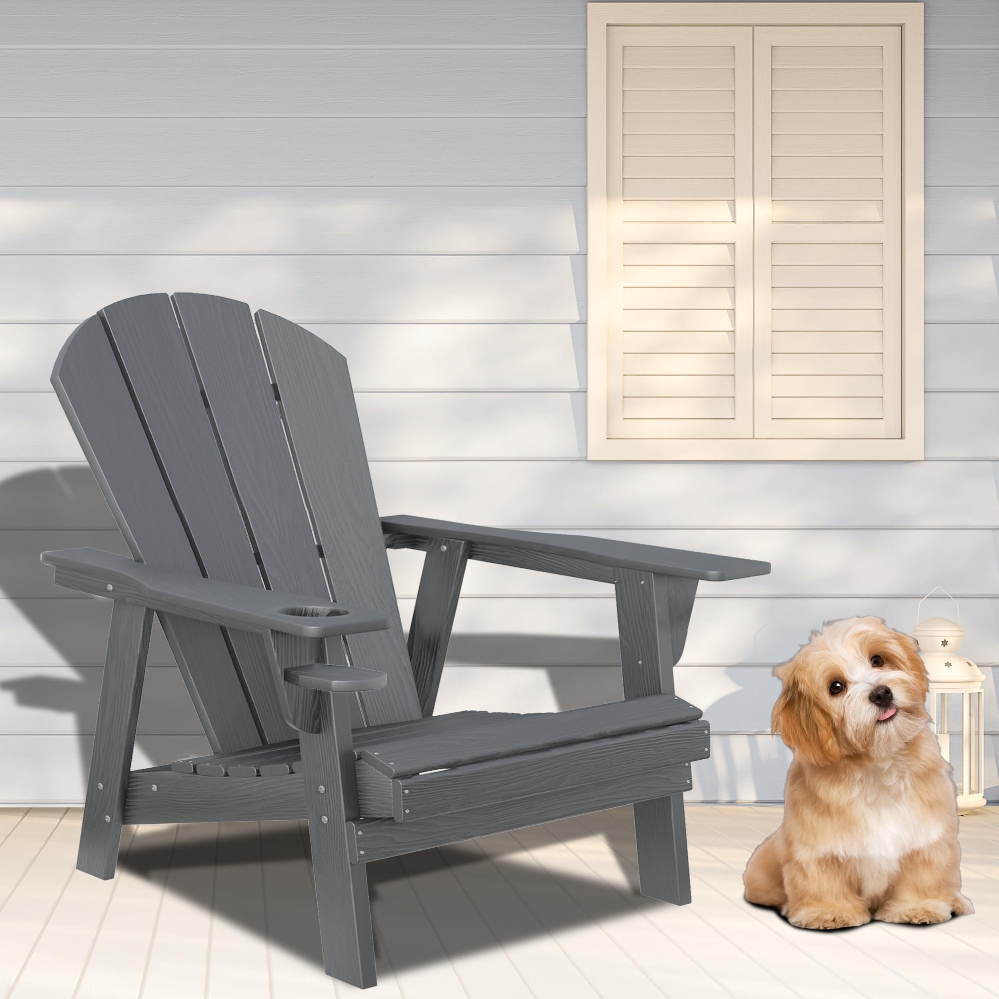 Premium HDPE All-Weather Adirondack Chairs - Heavy Duty Outdoor Patio Furniture with Fire Pit (Grey) - Perfect for Backyard, Garden, Poolside & Camping Relaxation
