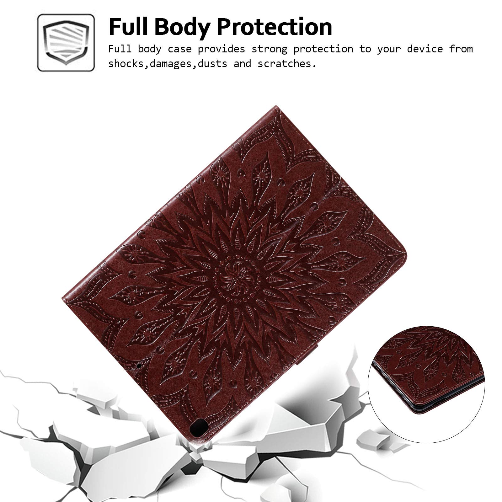 Premium PU Leather Folio Case for iPad 9th/7th/8th Generation - Sunflower Embossed Smart Cover with Auto Wake/Sleep, Card Slots & Money Pocket | Protective Wallet Stand for Work, Travel & Home Use (Brown)