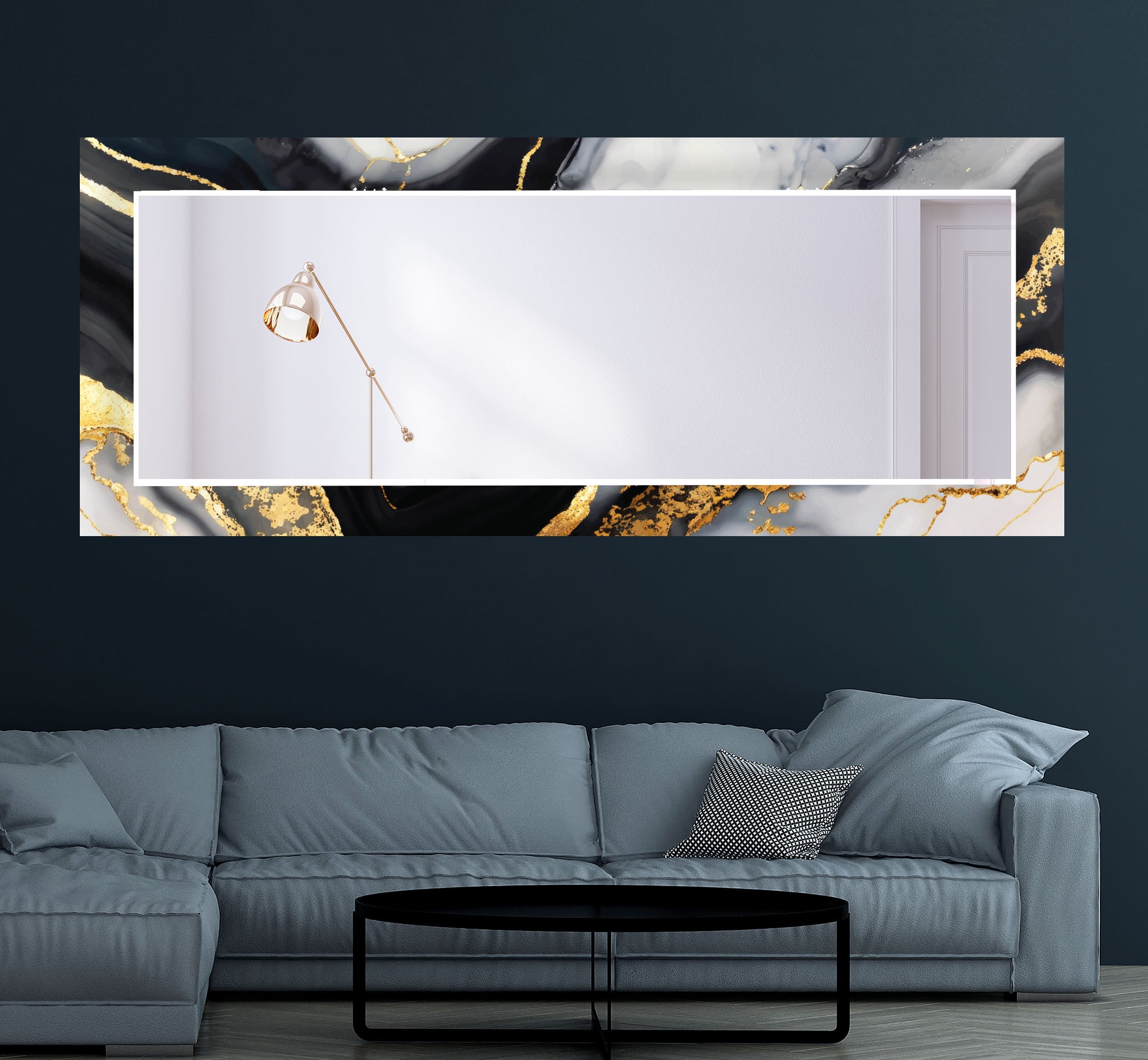 Black & Gold Marble Glass Wall Mirror - Modern Luxury Bathroom Decor for Vanity, Bedroom, or Entryway - Elegant Home Accent Mirror with Stylish Design