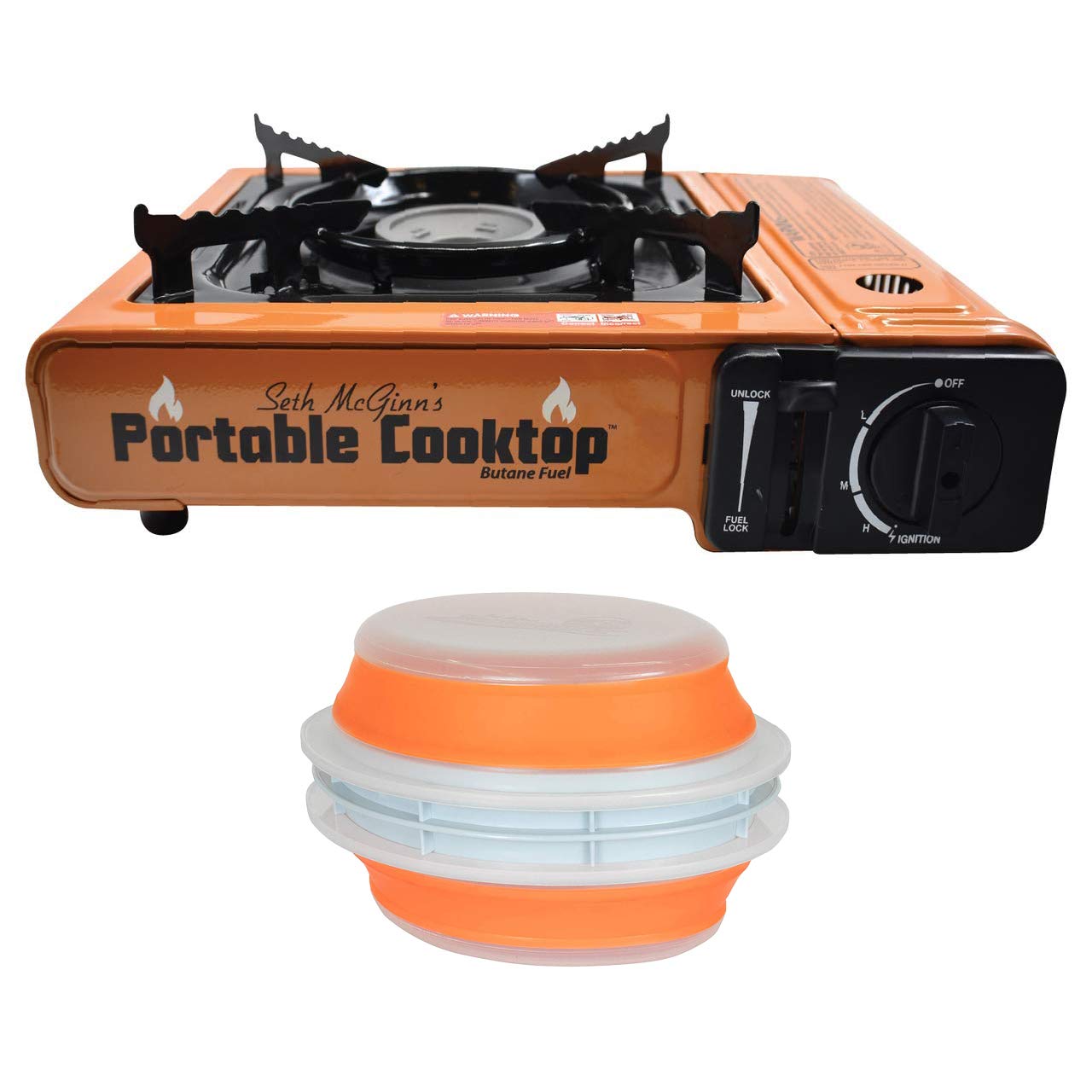 Portable Butane Electric Ignition Single Burner Cooktop with Storage Case & Collapsible Cooking Bowl - Compact Outdoor Camping, Picnic & Emergency Cooking Solution