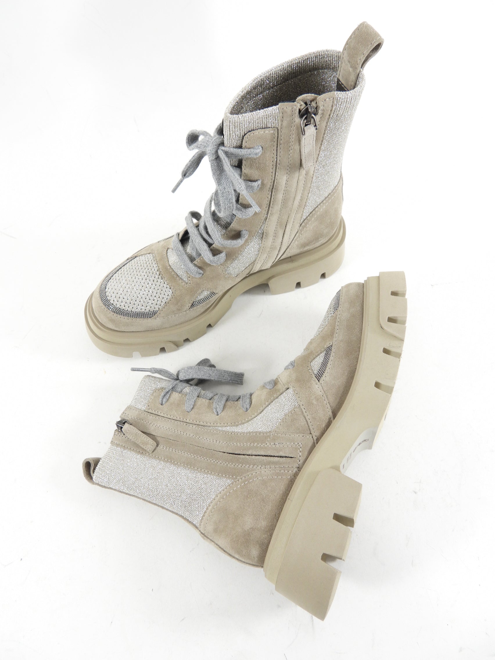 Brunello Cucinelli Light Taupe Monili Lace Up Ankle Boots Size 36.5 - Women's Luxury Leather Booties for Fall & Winter Fashion, Office Wear & Evening Outfits