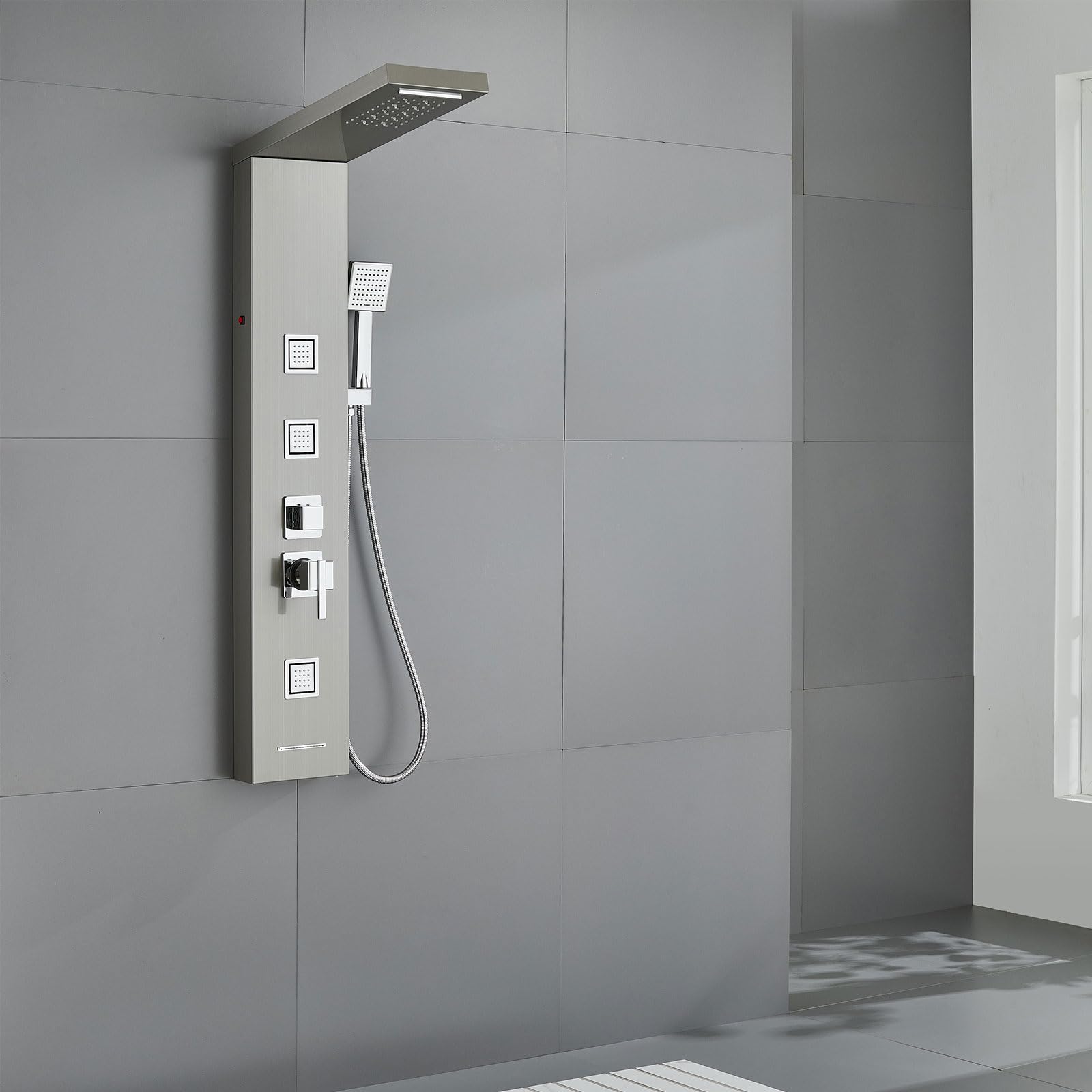 5-in-1 LED Shower Panel Tower System with Rainfall Shower Head, Waterfall Shower, 3 Massage Jets & Handheld Spray - Perfect for Modern Bathroom Renovation & Spa Experience