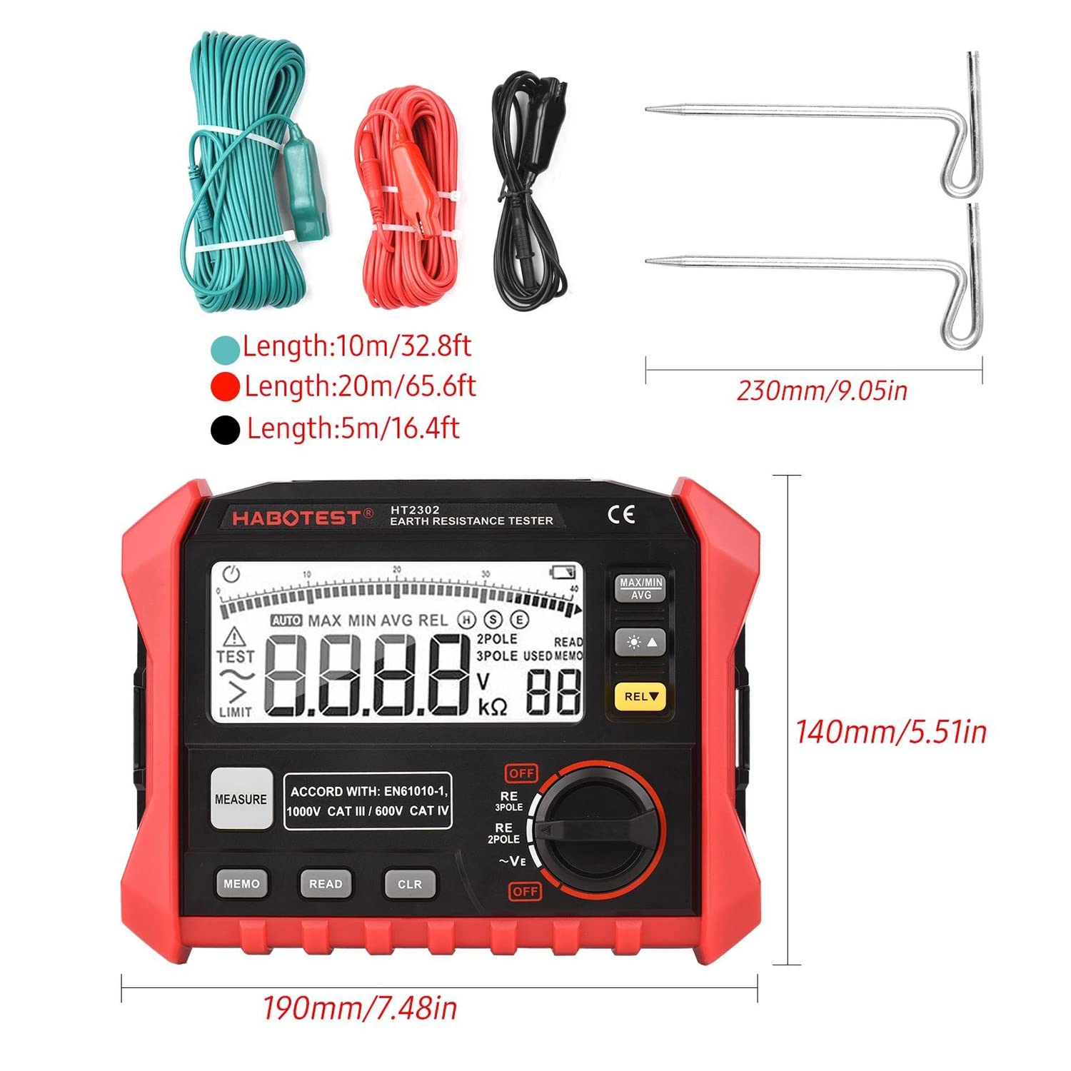 HT2302 Digital Earth Resistance Tester - 0Ω to 4KΩ Range, 100 Data Groups Storage, LCD Backlight Display with Carrying Case - Ideal for Electrical Maintenance, Grounding System Testing & Industrial Safety Inspections