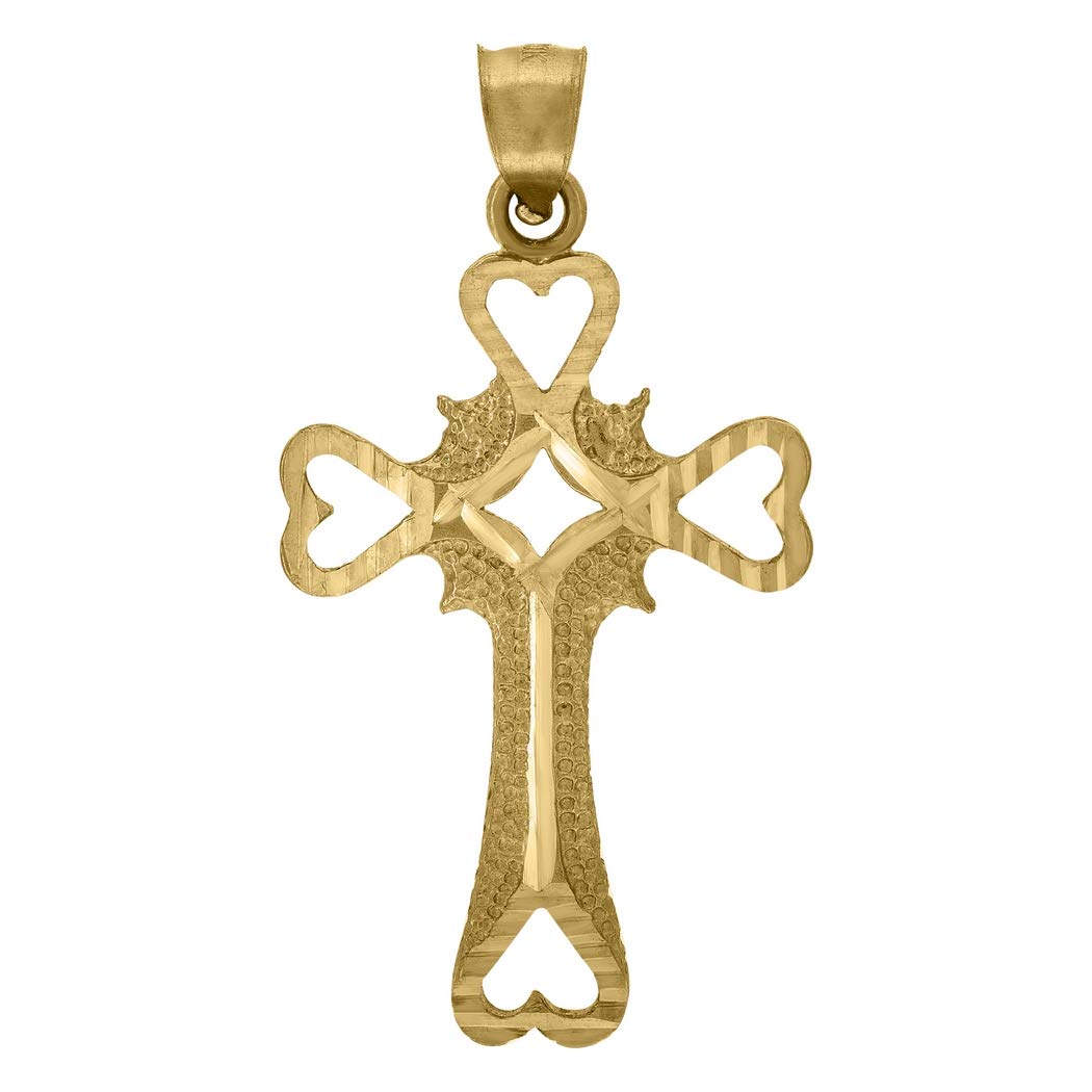 10K Yellow Gold Religious Cross Heart Pendant Necklace for Women & Men - 36.4x18.8mm Faith Jewelry Gift - Perfect for Baptism, Wedding, Anniversary & Everyday Wear