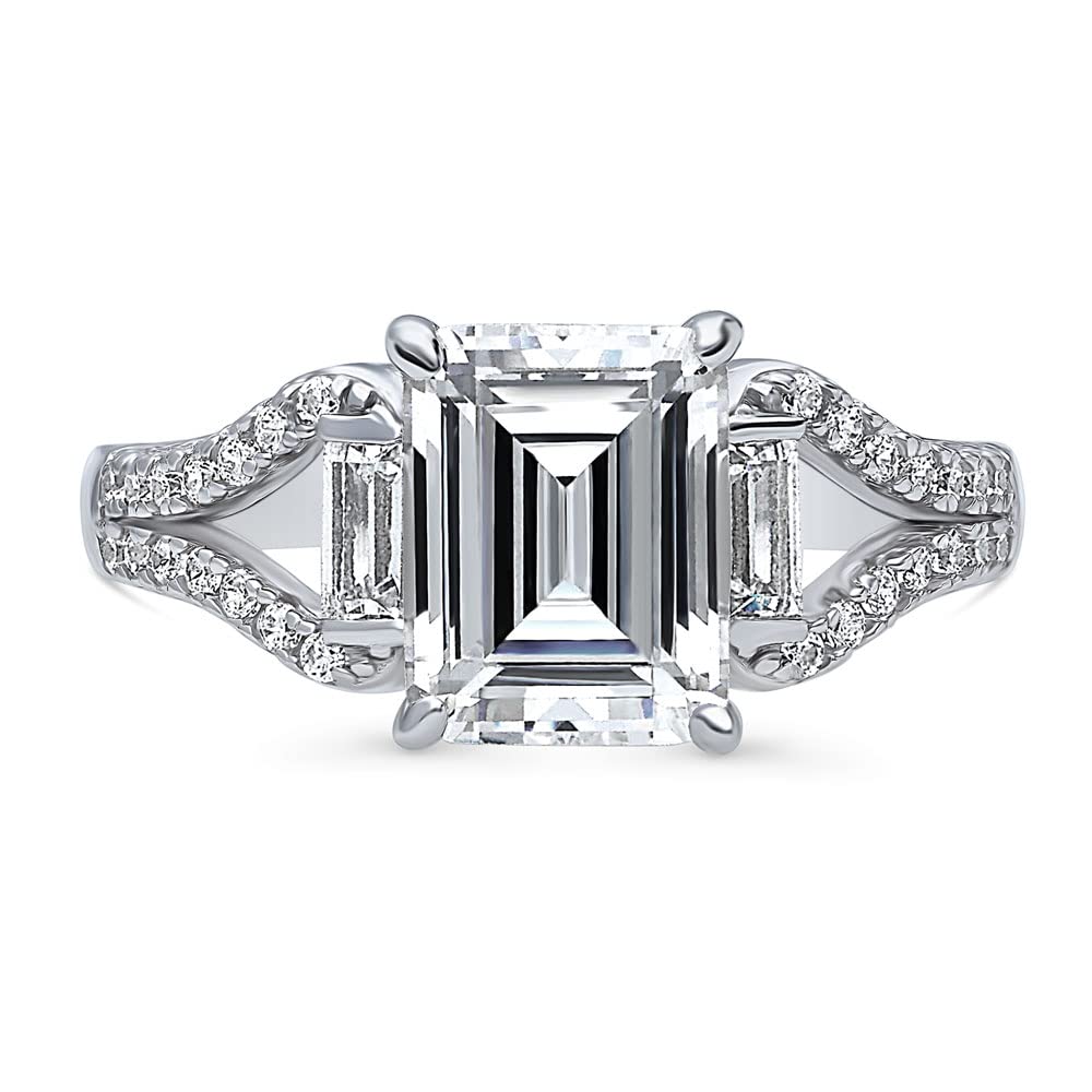 BERRICLE Sterling Silver Solitaire Wedding & Engagement Ring - 2.6 Carat Emerald Cut Cubic Zirconia CZ Split Shank Ring for Women, Rhodium Plated (Size 4-10) | Elegant Bridal Jewelry for Proposals, Anniversaries & Special Occasions